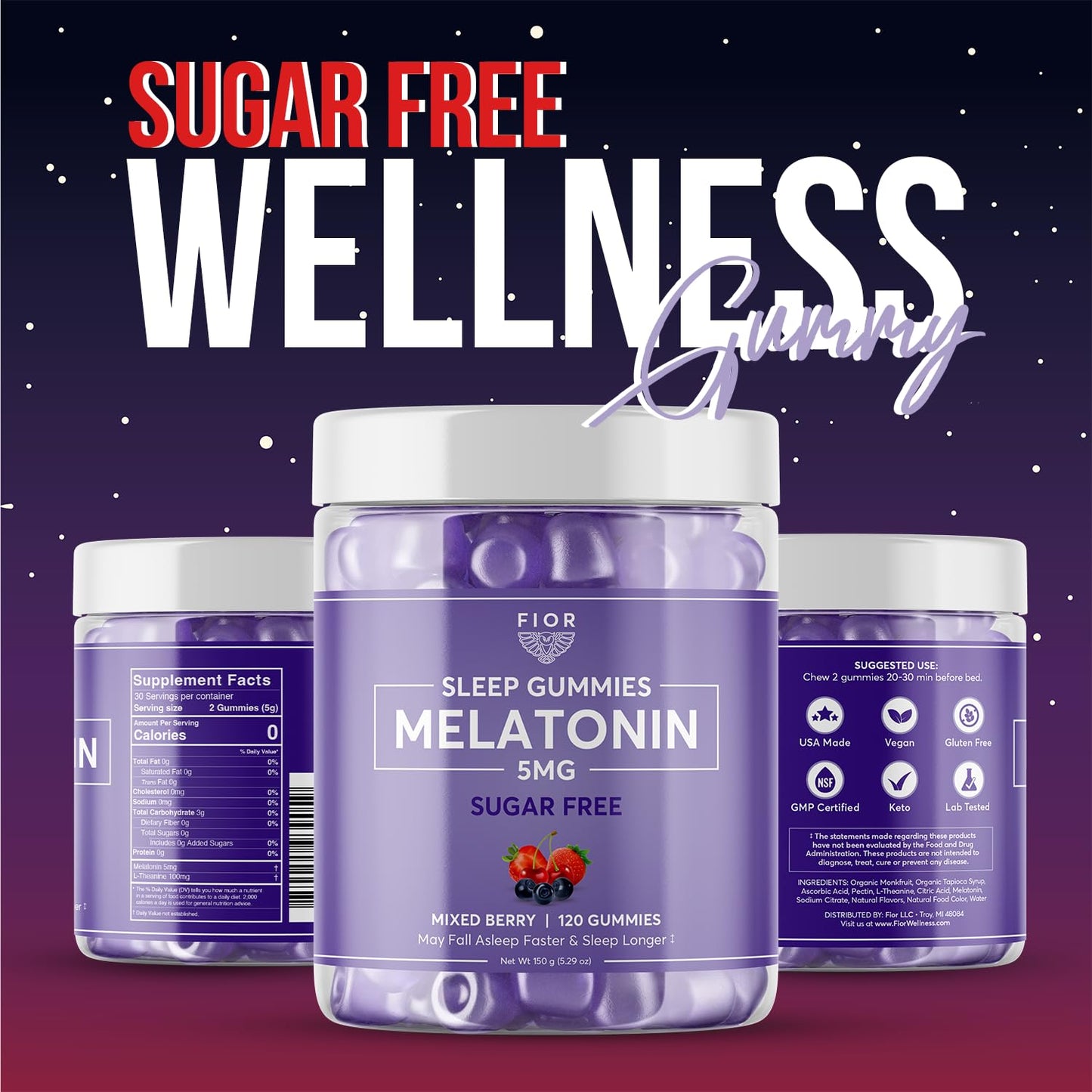 FIOR Sugar Free Sleep Aid & Calm Gummies with Melatonin & L-Theanine, 120 Gummies