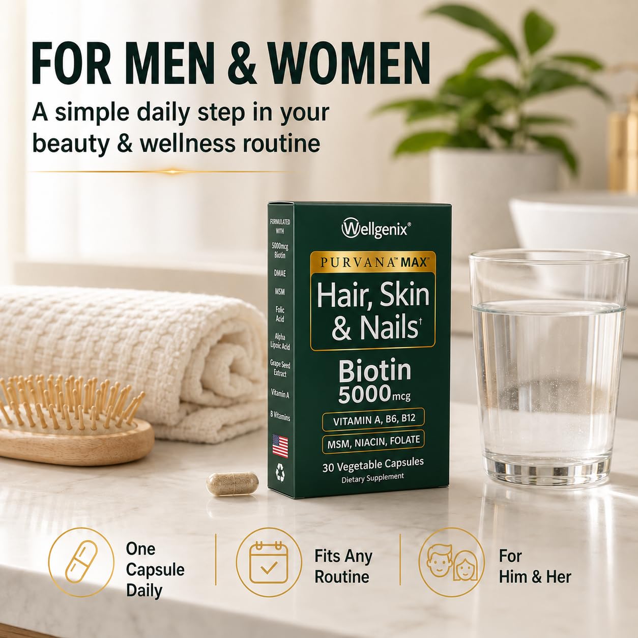 Wellgenix Purvana MAX Hair Skin & Nails Biotin 5000, 60 Capsules