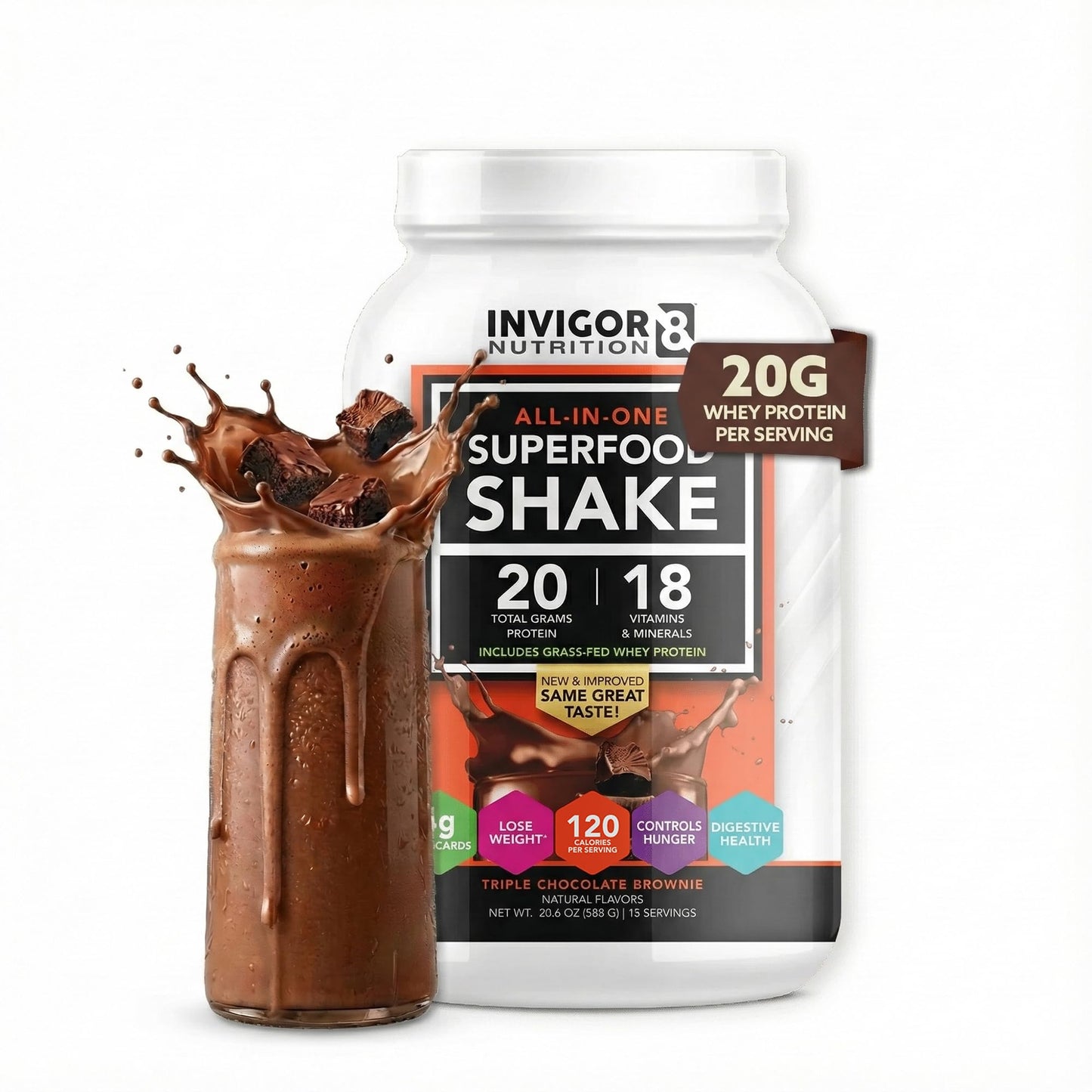 INVIGOR8 Superfood Grass Fed Whey Protein Isolate Shake Chocolate Brownie Powder 22.75 oz