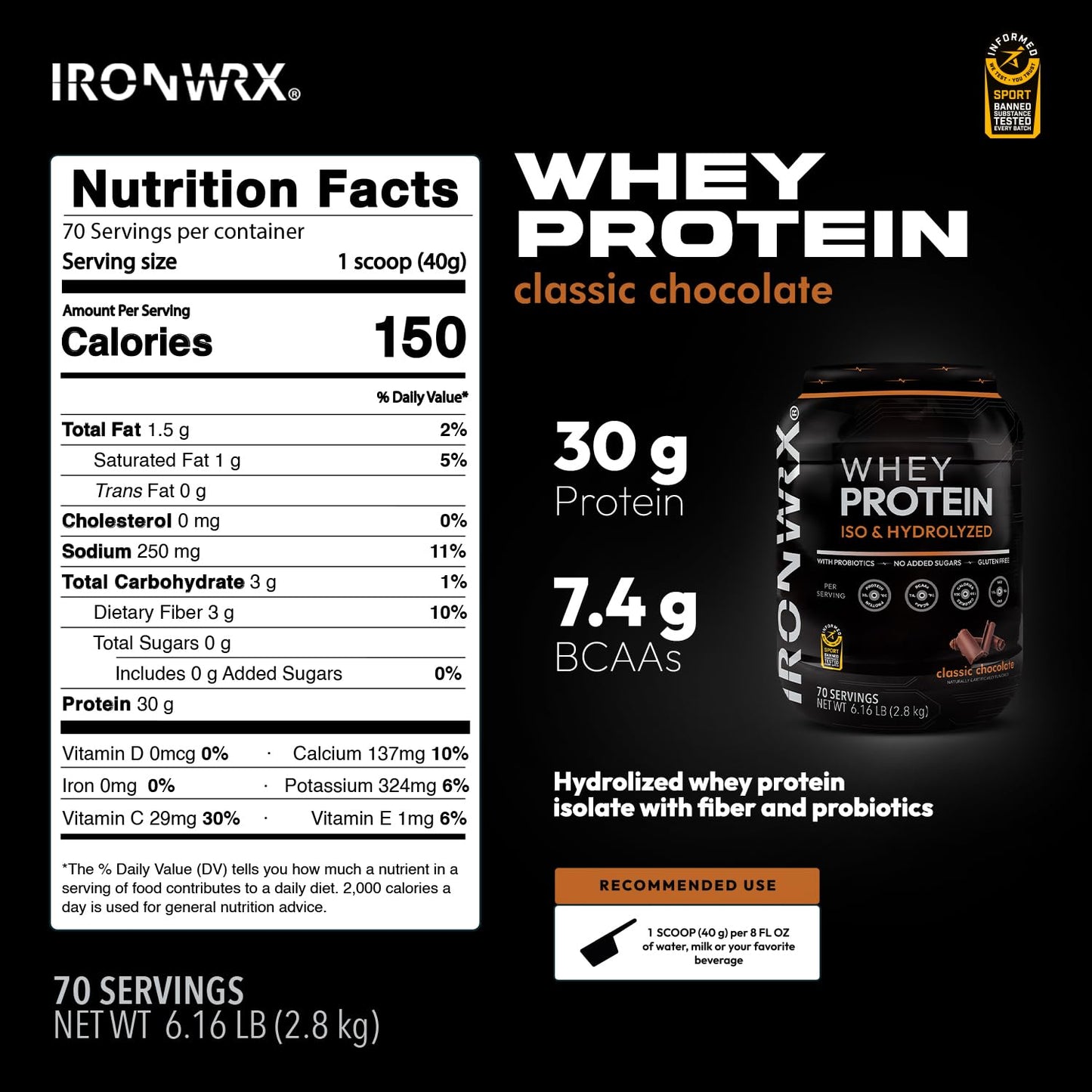 IRONWRX 100% Hydrolyzed Whey Protein Isolate Powder, Chocolate, 70 Servings