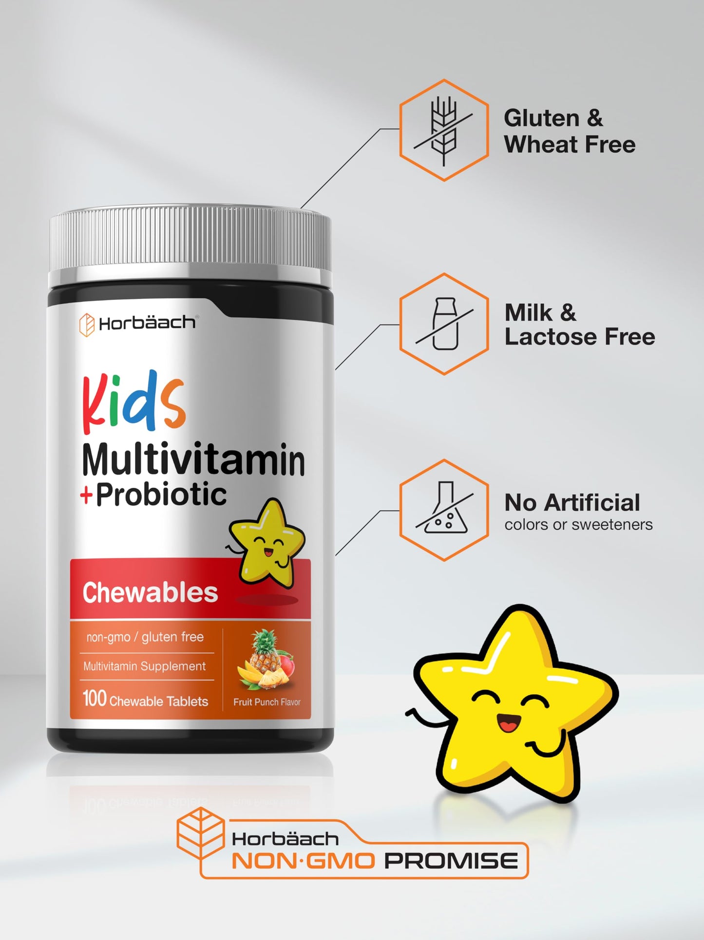 Horbäach Kids Multivitamin with Probiotics Chewable Tablets, 100 Count