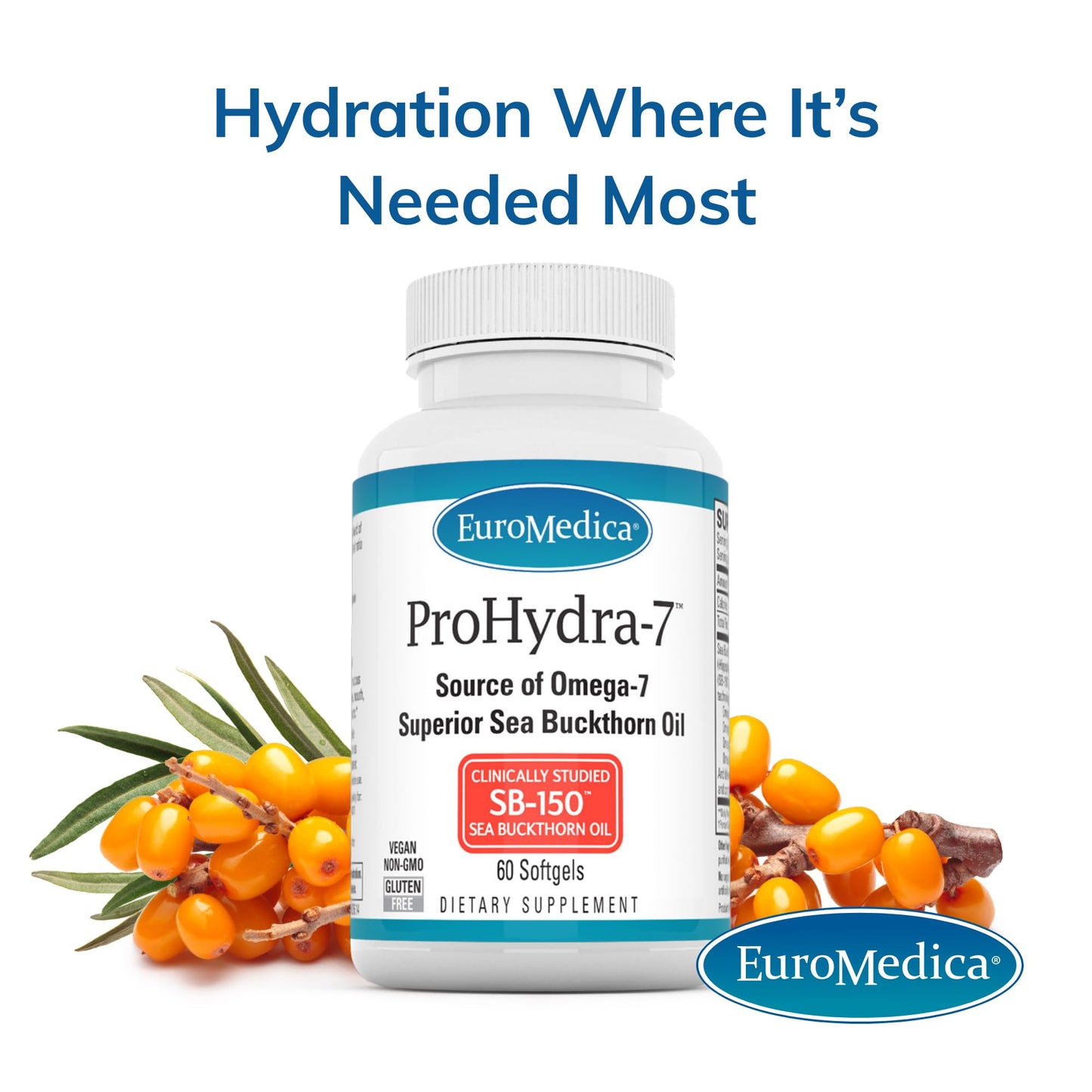 EuroMedica ProHydra-7 Skin Health Support Supplement with Omega-7 Sea Buckthorn Oil Softgels 120