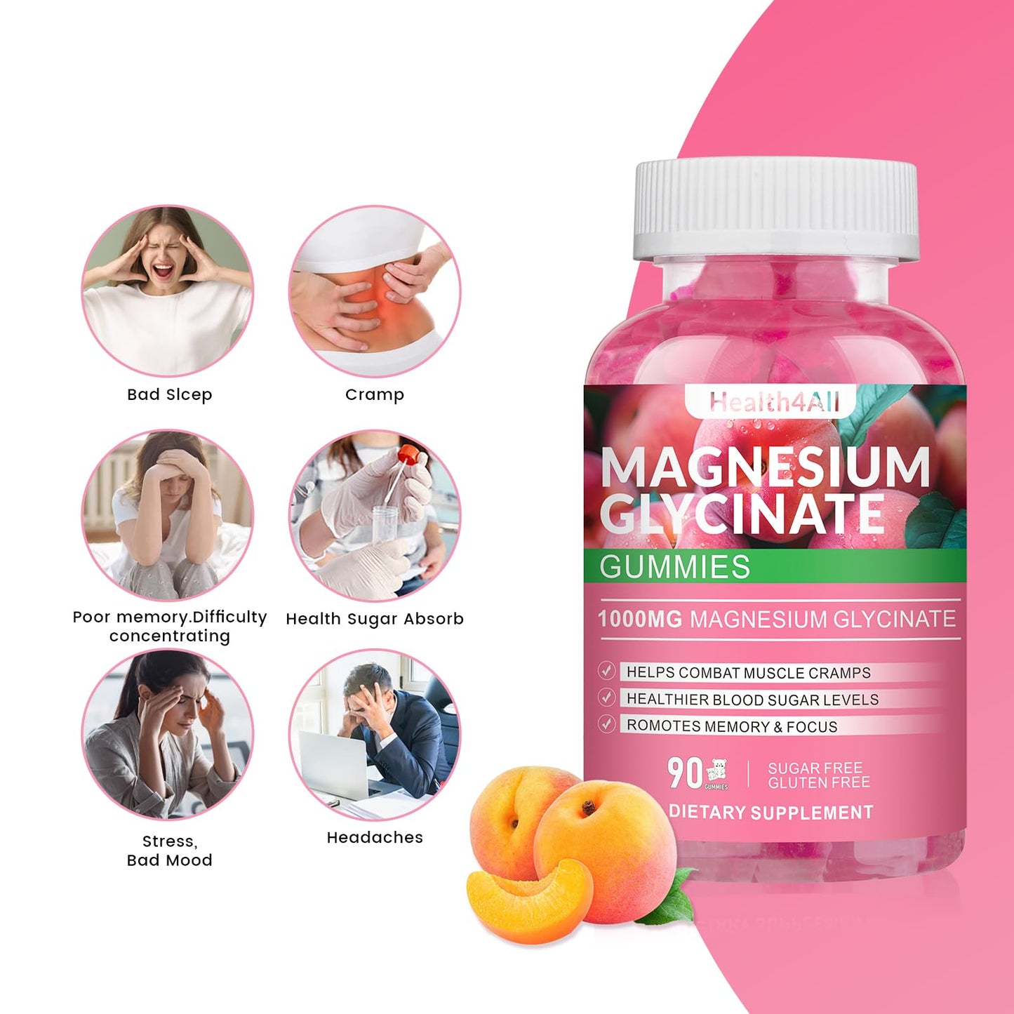 Health4All Magnesium Glycinate Gummies 1000mg Sugar Free, 90 Count