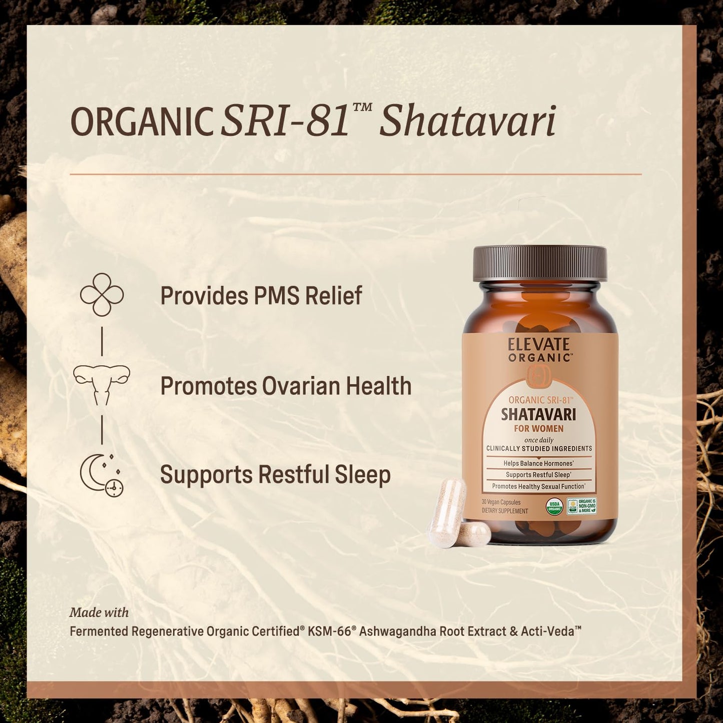 ELEVATE ORGANIC SRI-81 Shatavari Vegan Capsules for Women, Asparagus racemosus Root Extract with Acti Veda, 30 Capsules