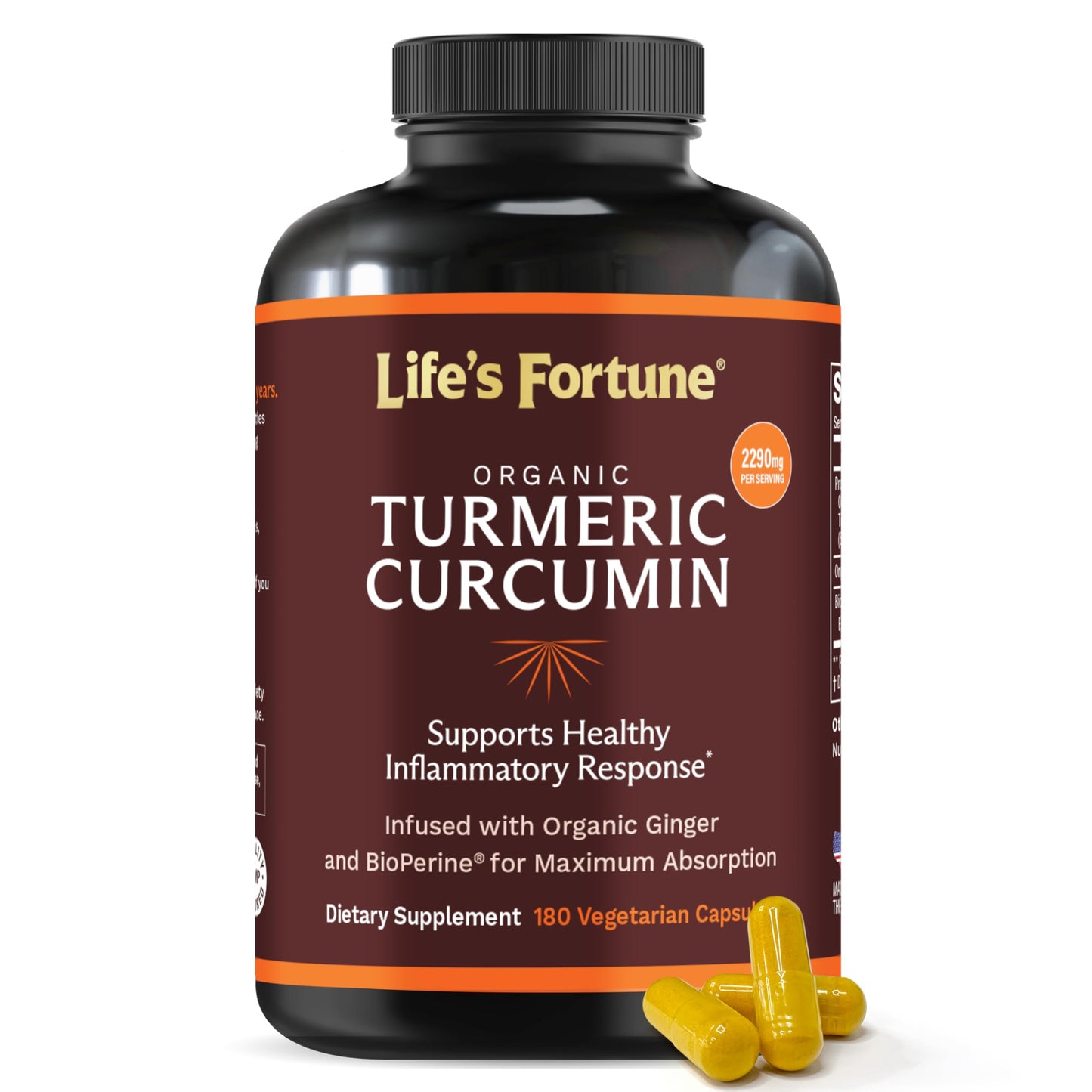 Life's Fortune Organic Turmeric Curcumin with Black Pepper and Ginger, Enhanced Absorption, Extra Strength, Joint & Immune Support, 180 Capsules