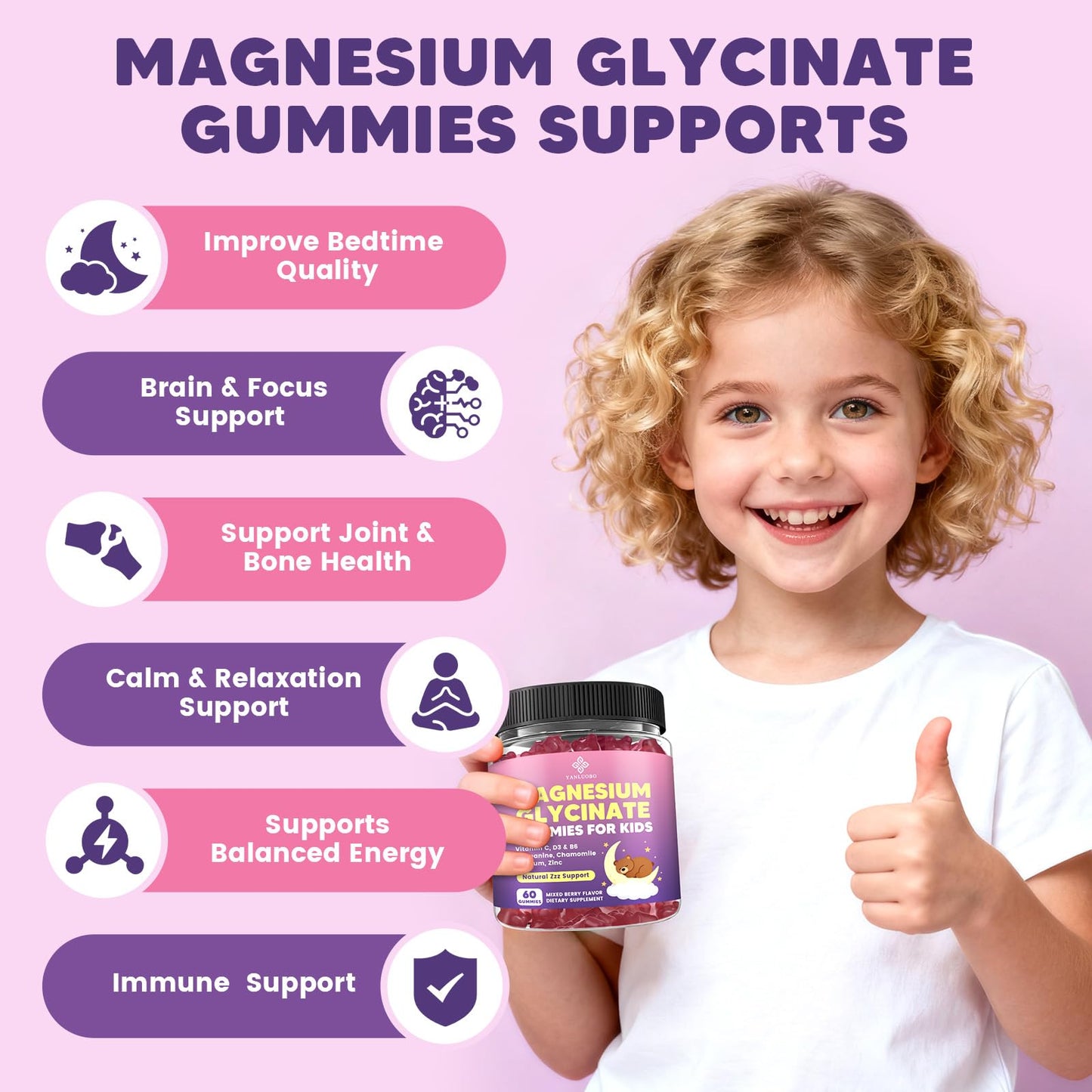 YANLUOBO Kids Magnesium Glycinate Gummies 60 Count