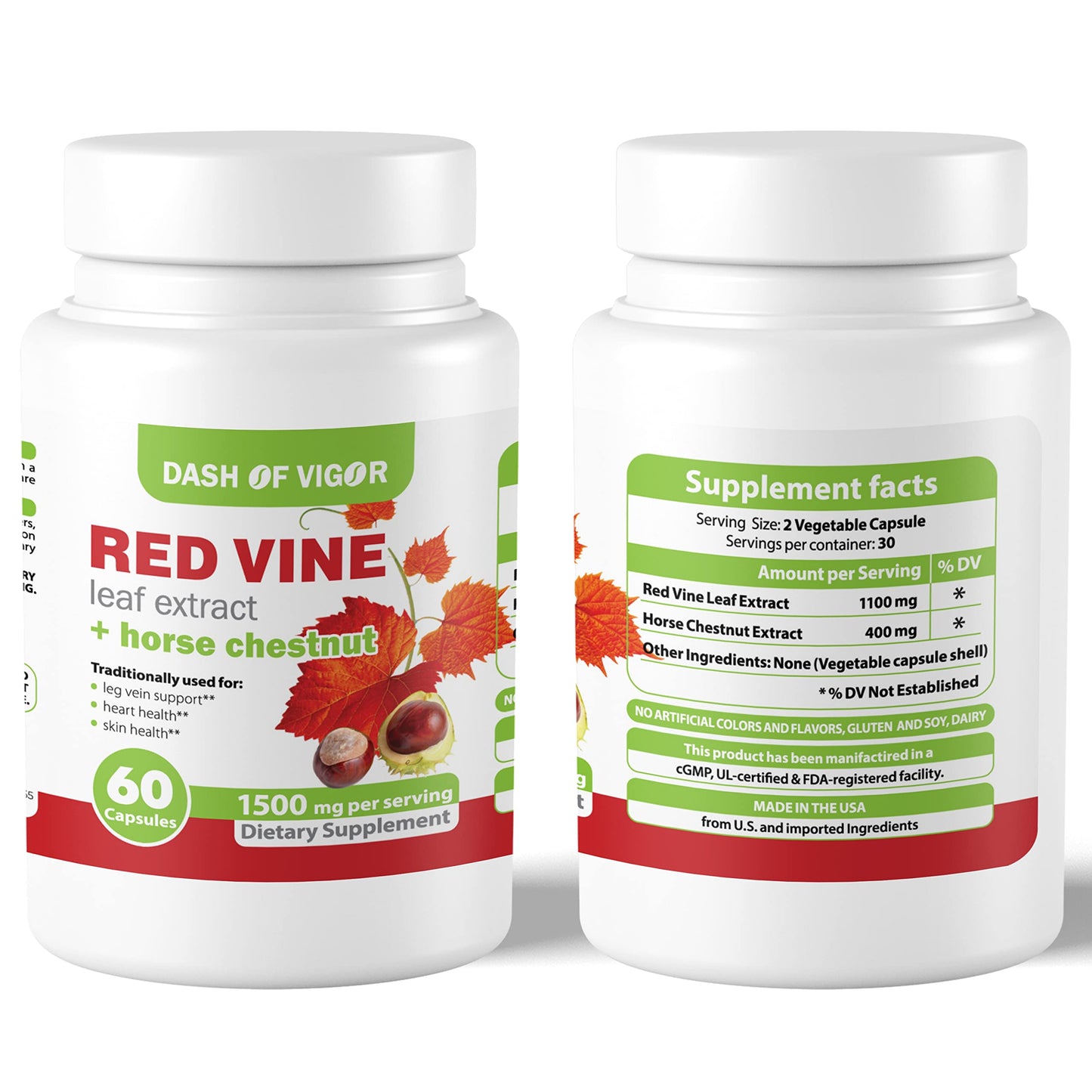 DASH OF VIGOR DOFV Red Vine Leaf Extract (Vitis Vinifera) and Horse Chestnut Extract, Red Vine Extract 1500 mg Capsules, 60 Count