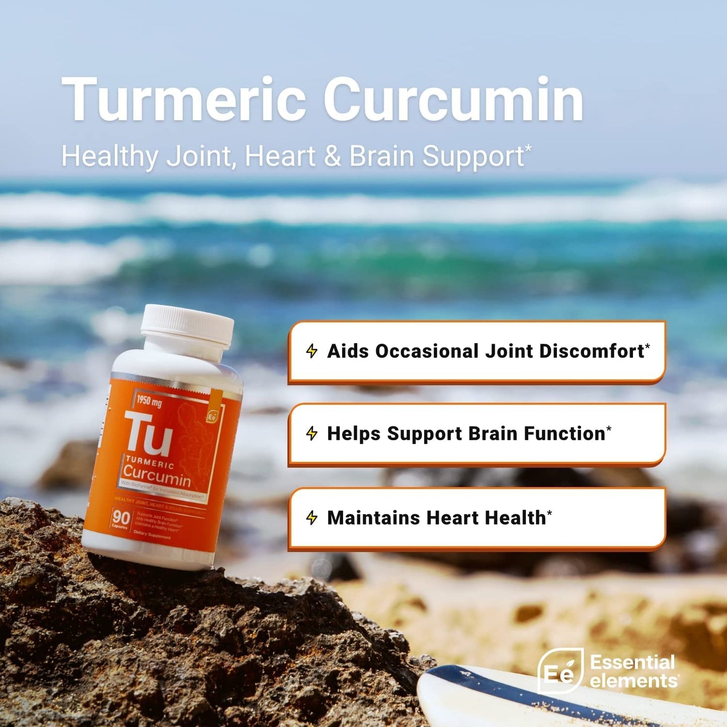 Essential Elements Turmeric Curcumin with BioPerine for Optimal Absorption 1950 mg Capsules, 90 Count