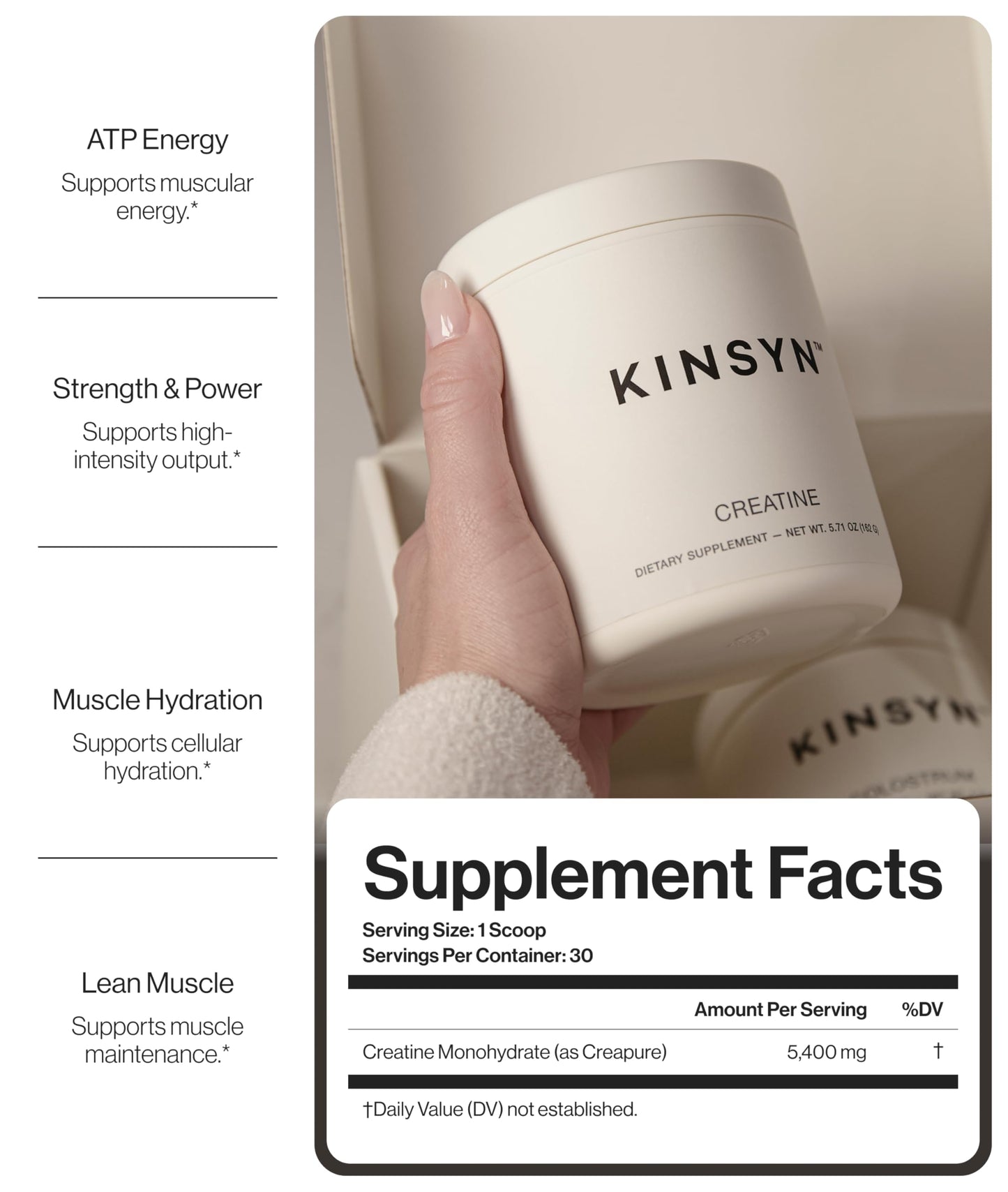 Kinsyn Creatine Monohydrate Powder Unflavored 5.71 Ounce