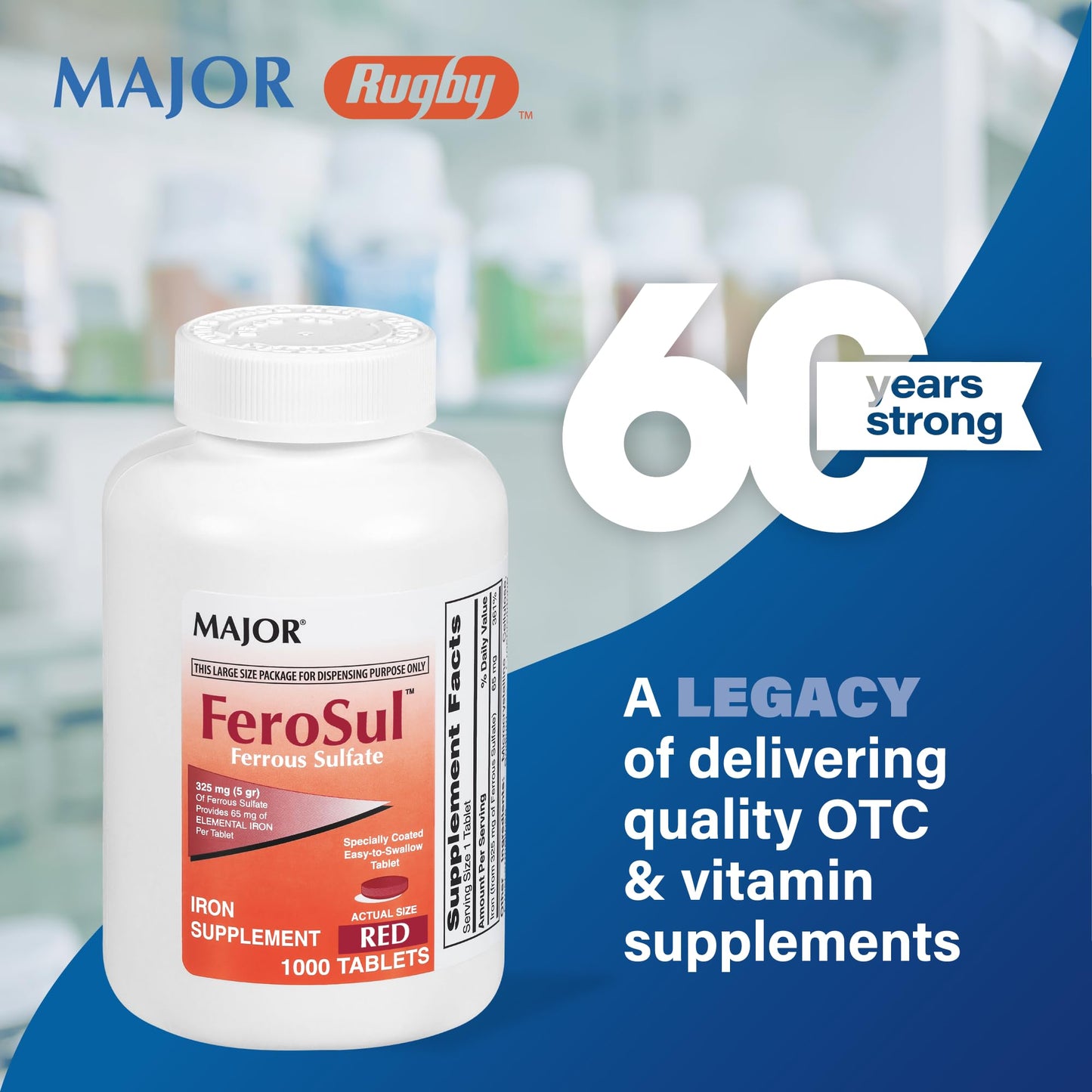 Major Ferosul Ferrous Sulfate 325mg Tablets with 65mg Elemental Iron 100 Count