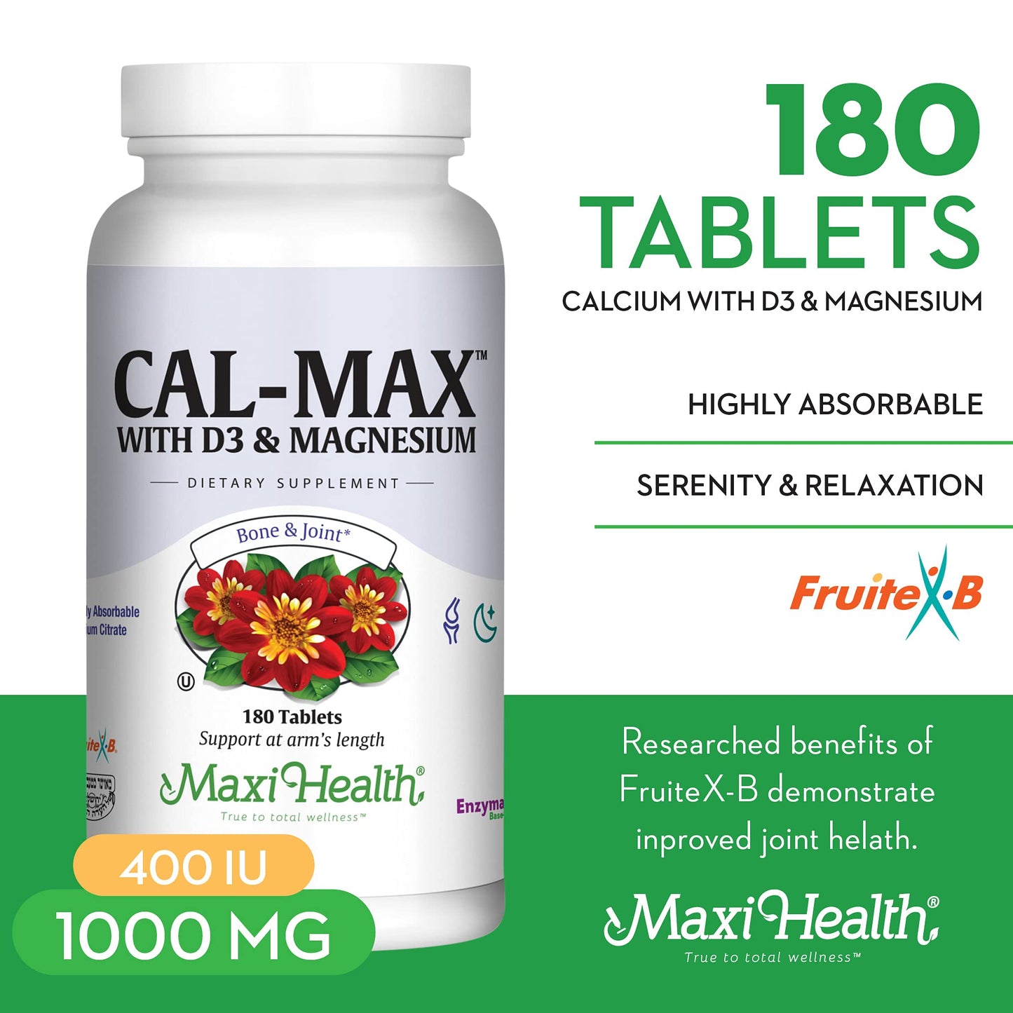 Maxi Health Cal Max Calcium 1000mg, D3 & Magnesium, 180 Tablets