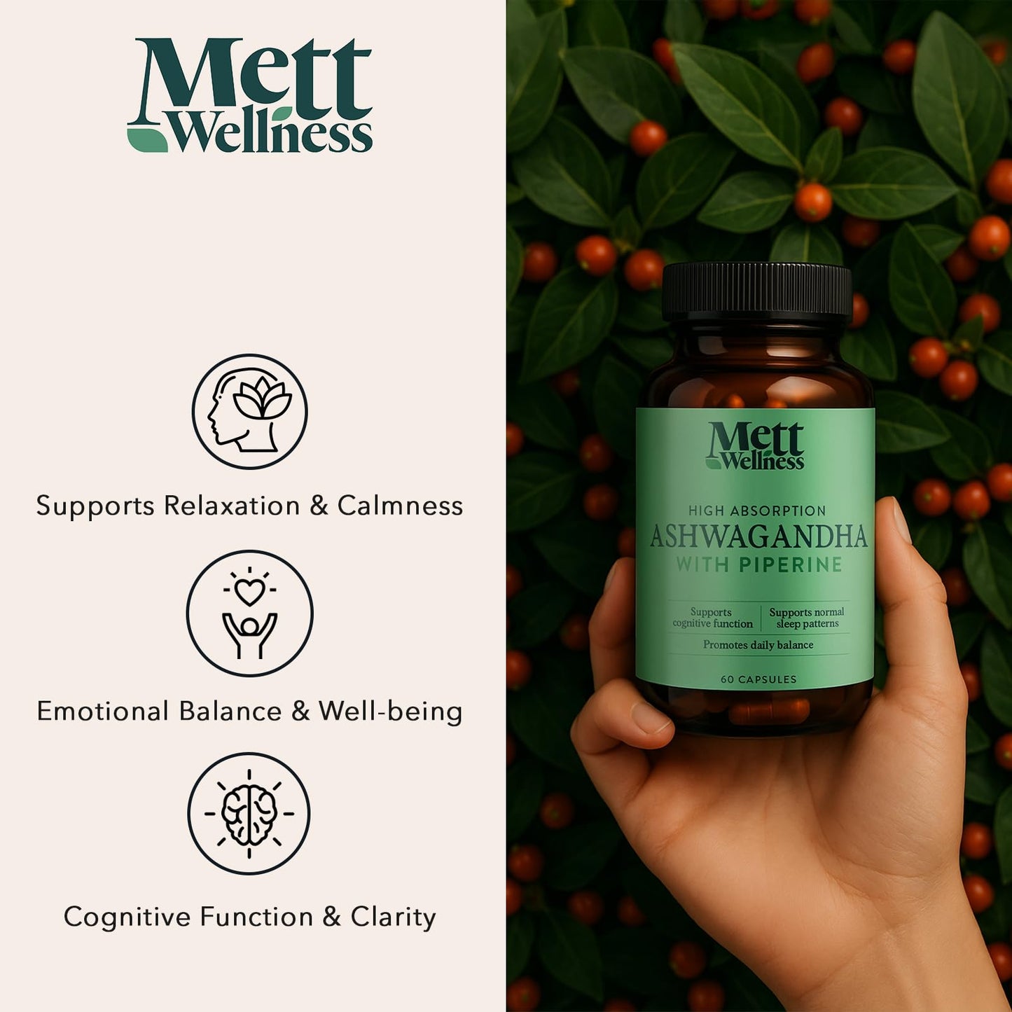 Mett Wellness Ashwagandha with Piperine Capsules, 60 Count