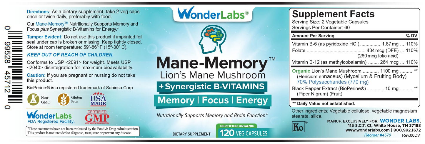 Wonder Laboratories Lions Mane Mushroom 1100mg Mycelium & Fruiting Body - Nutritionally Supports Memory and Brain Function Plus Essential B-Complex for Energy - 120 Capsules