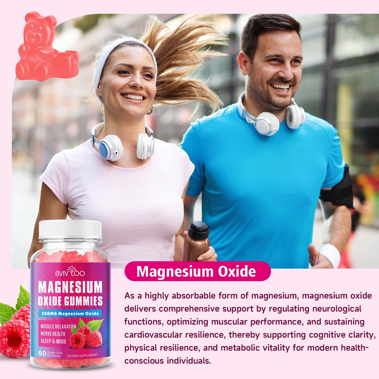 BVIVLOO Magnesium Oxide 500mg Gummies, 60 Gummies