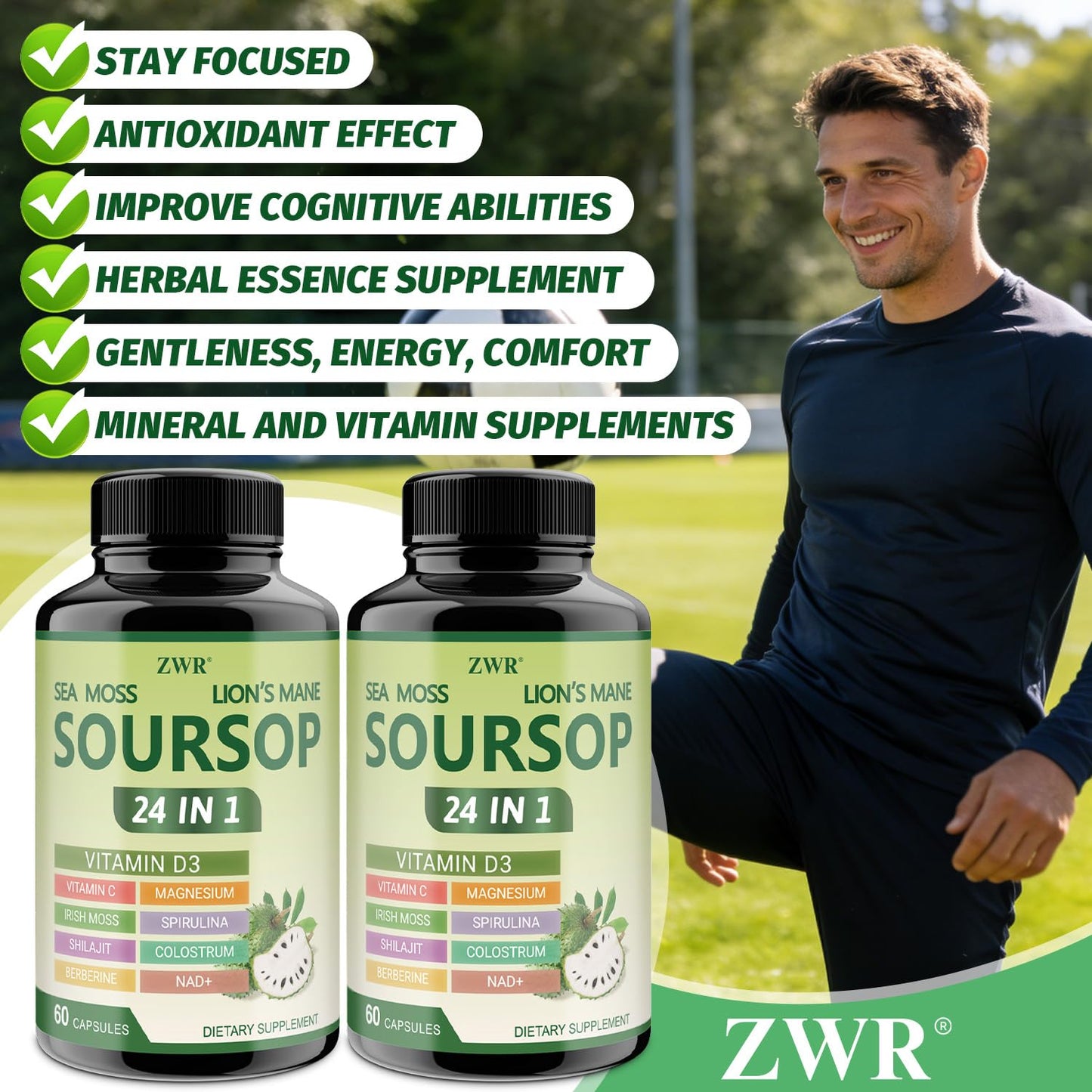 ZWR Soursop Capsules 24 in 1 with Sea Moss, Lion's Mane, Shilajit & Berberine, Soursop Graviola Supplement with Vitamin C, D3 & Magnesium, Immune & Digestive Wellness Support, 60 Capsules