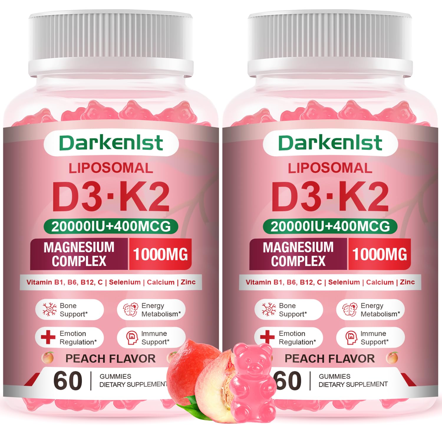 Darkenlst Liposomal Vitamin D3 20,000IU + K2 400mcg Gummies, 120 Count