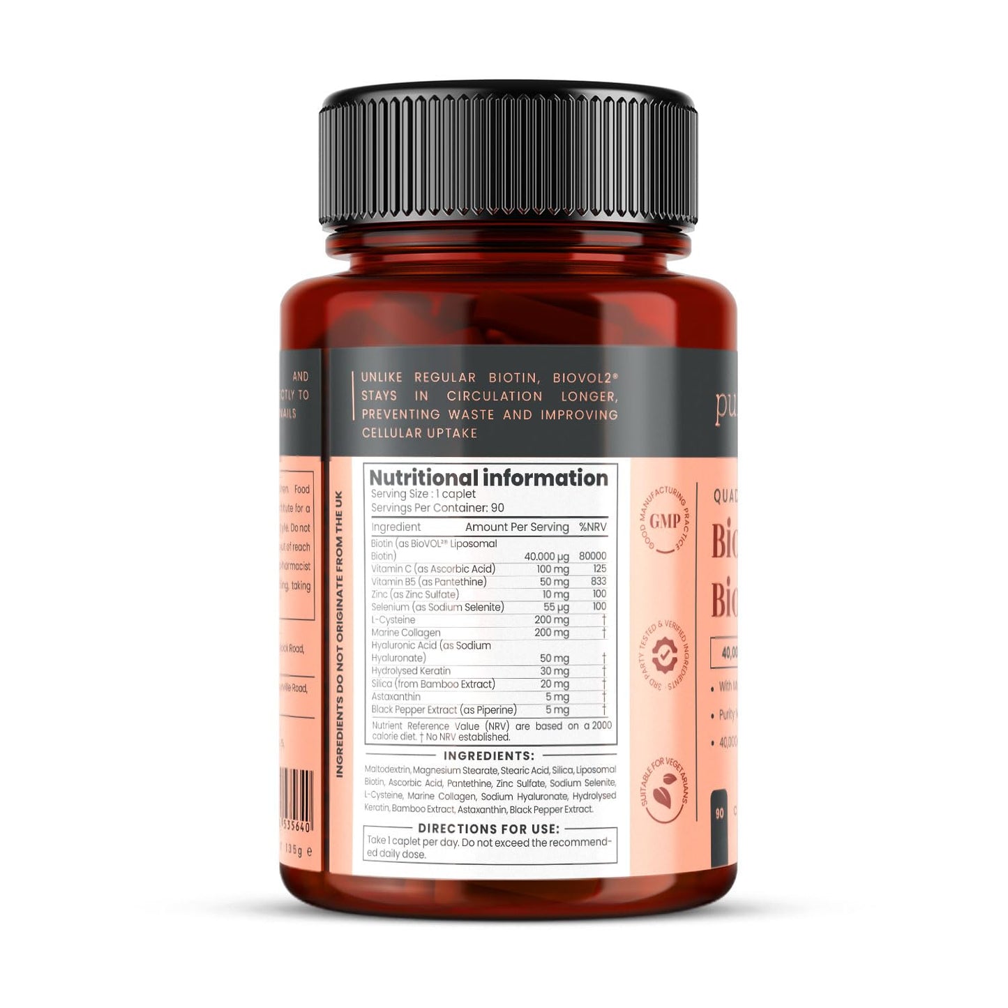 PureClinica Biotin 400% Strength 40,000mcg BioVOL²® Liposomal Biotin Complex Caplets 90 Count