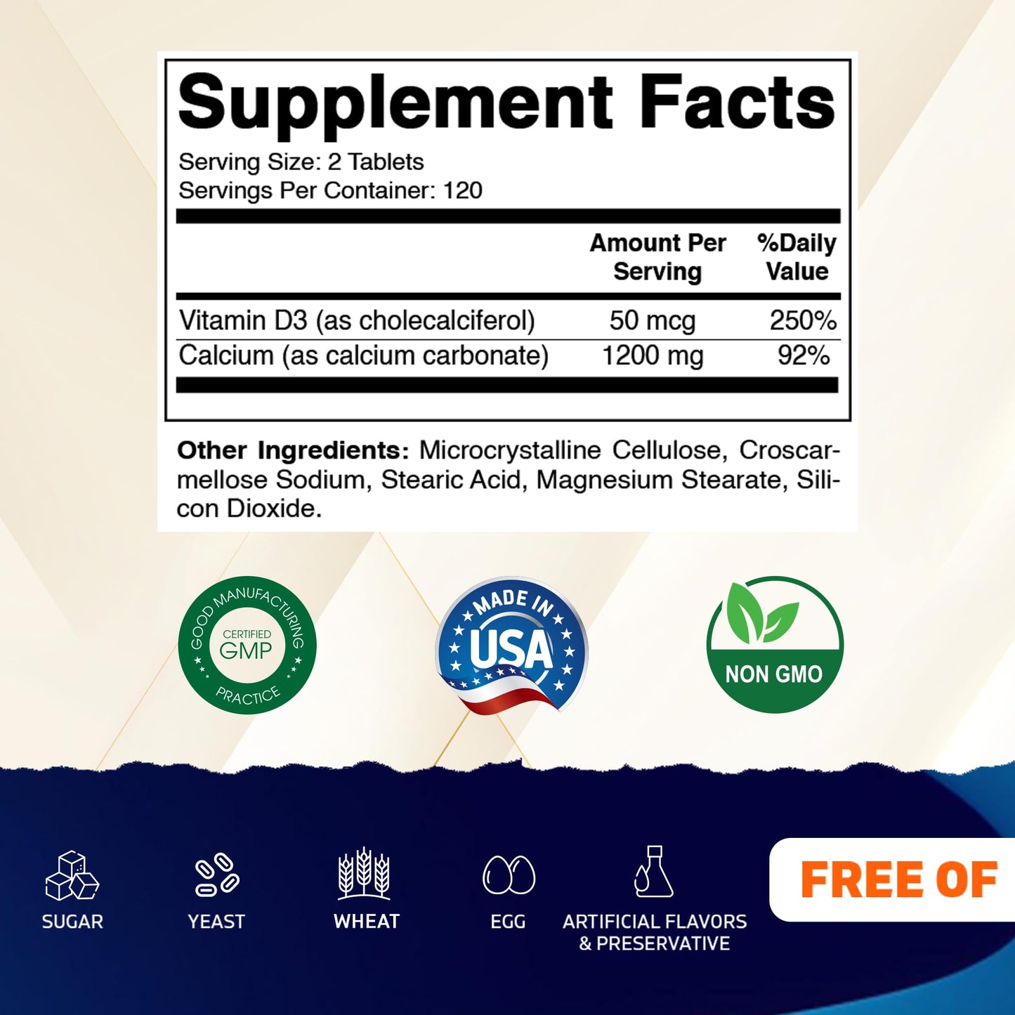 Vitamatic Calcium 1200mg with Vitamin D3 2000 IU (50 mcg) – High Absorption Calcium Carbonate with D3 – Non-GMO, Gluten-Free – 240 Tablets