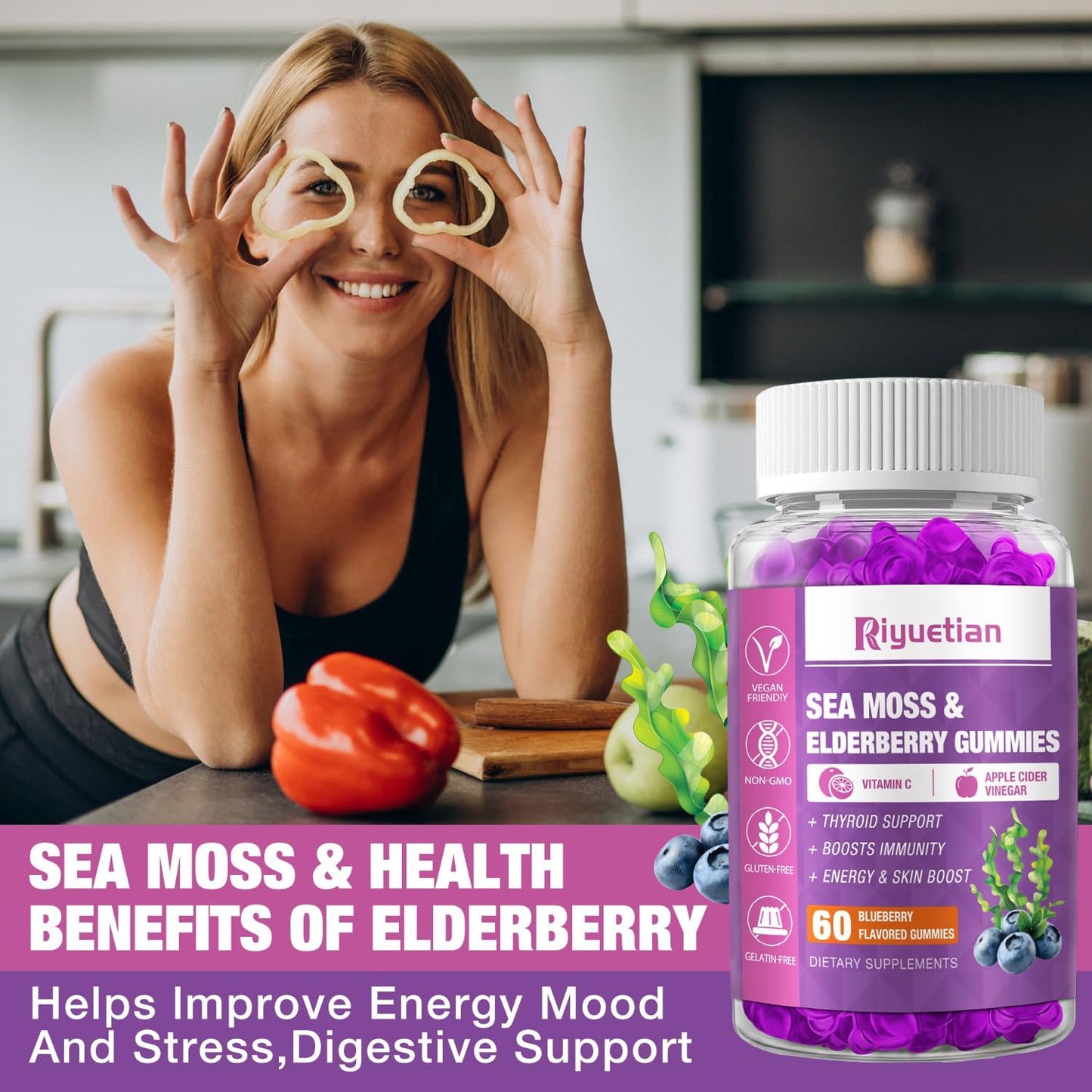 Riyuetian Sea Moss & Elderberry Gummies, 120 Count