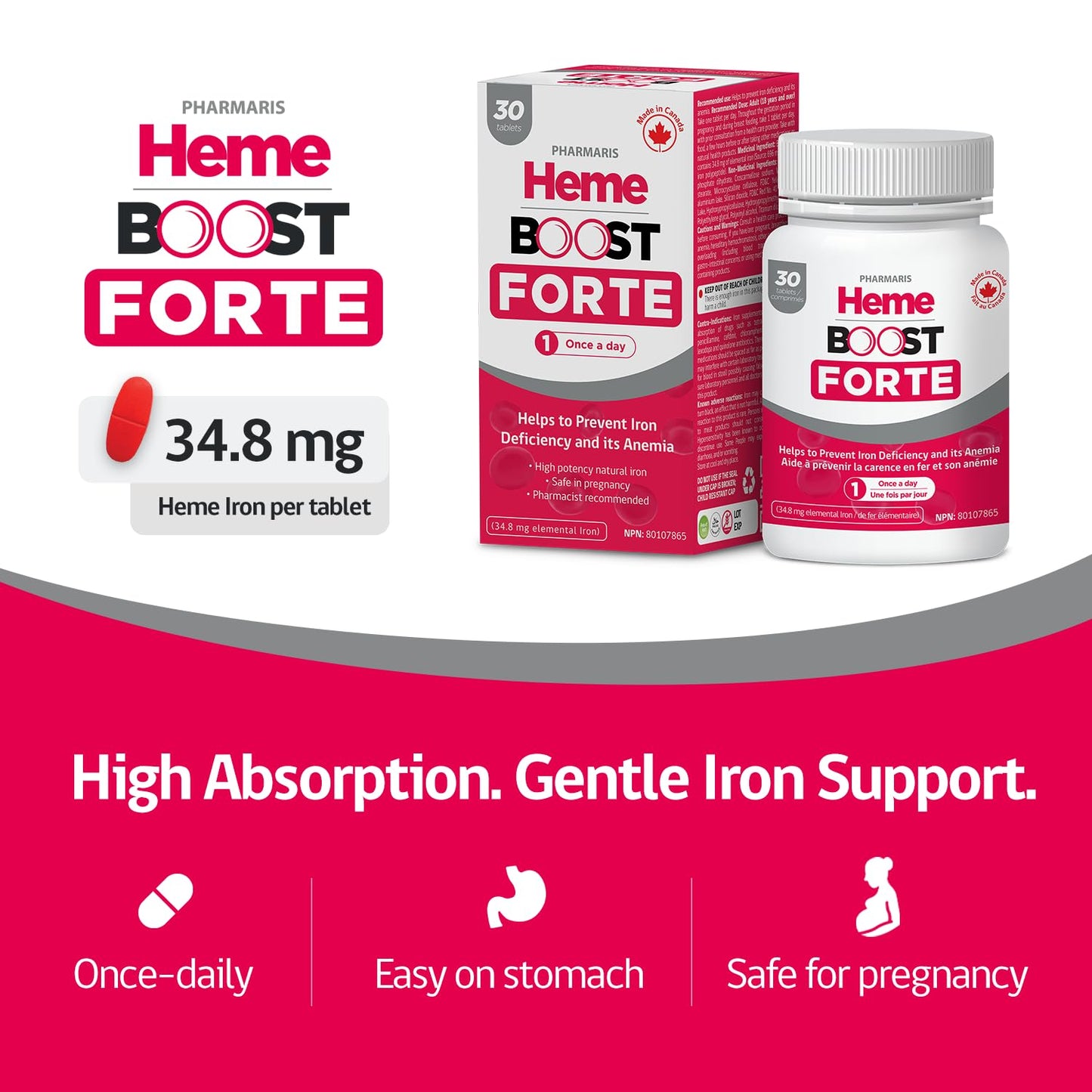 HEME BOOST Hemeboost Forte 34.8 mg (696 mg Heme Iron Pills) High Potency Iron Supplement, 30 Tablets