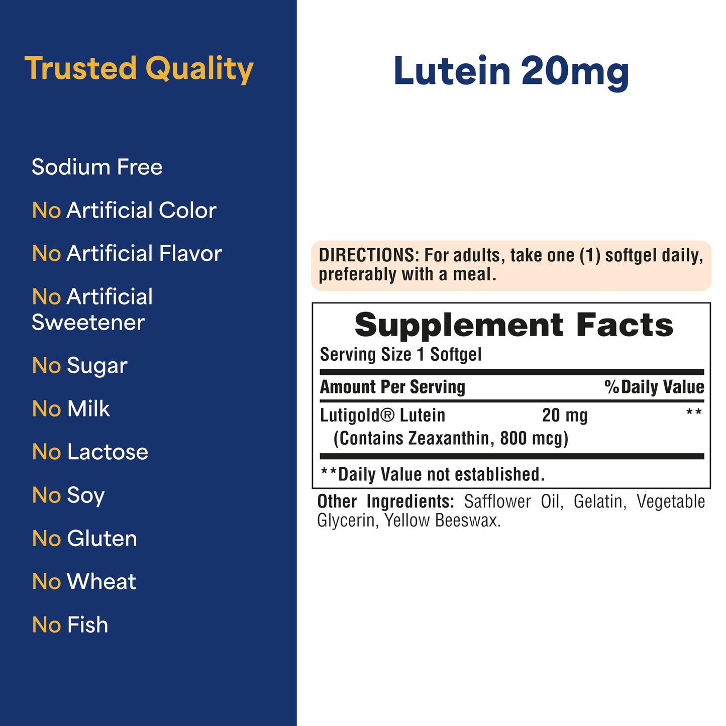 Puritan's Pride Lutigold Lutein Carotenoid 20mg with Zeaxanthin Softgels, 120 Softgels