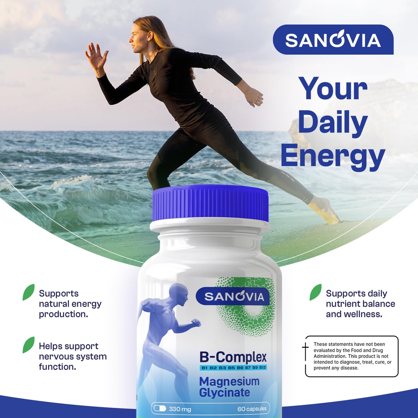 SANOVIA Vitamin B Complex Methylated with Magnesium Glycinate Capsules, 90 Count