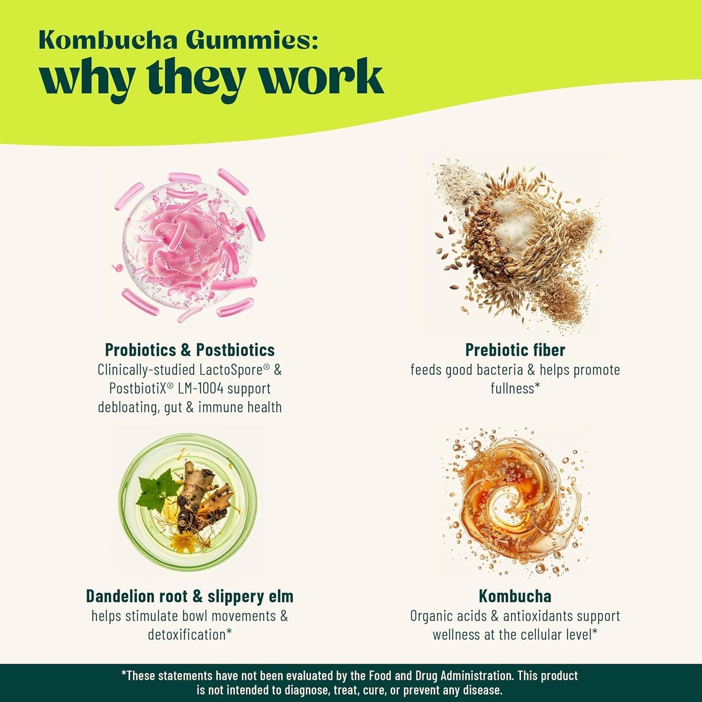 Yeloart Probiotic Kombucha Gummies, Prebiotics Probiotics Postbiotics Blend with Slippery Elm, Dandelion Root & MCT Oil, 30 Gummies