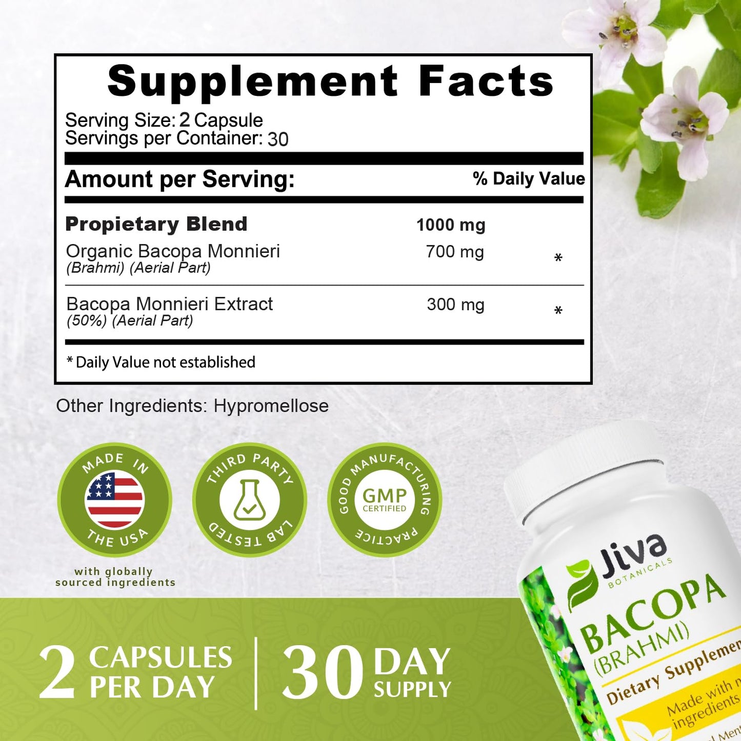 Jiva Botanicals Bacopa Monnieri Supplement Pure 1000mg per Serving Capsules, 60 Count