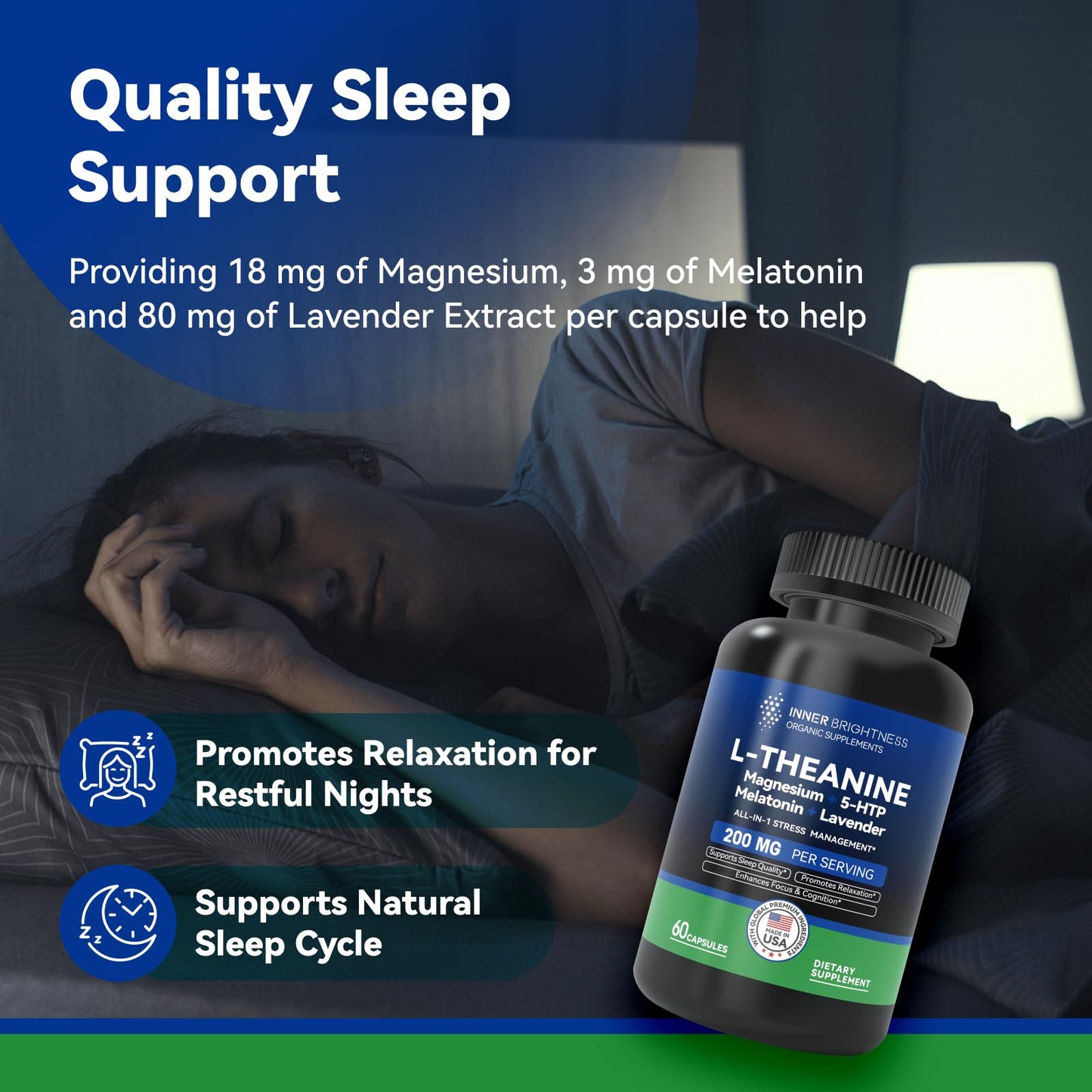 Inner Brightness L-Theanine 200mg, Magnesium, 5-HTP & Melatonin All-in-1 L-Theanine Supplement for Stress Relief, Focus & Cognition, Sleep Capsules 60 Count