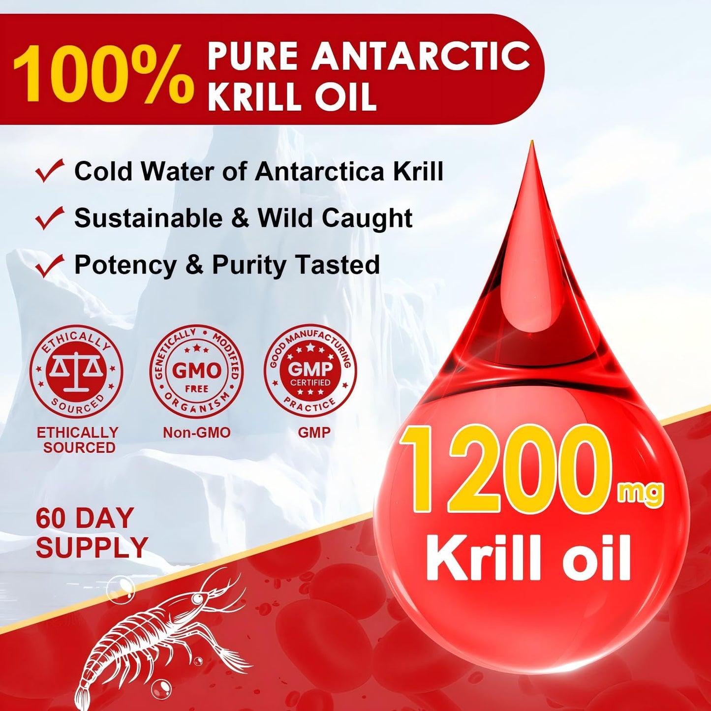 NATURE TARGET Krill Oil 1200mg with Omega-3 EPA & DHA with Astaxanthin, Phospholipids & Choline Softgels, 120 Count