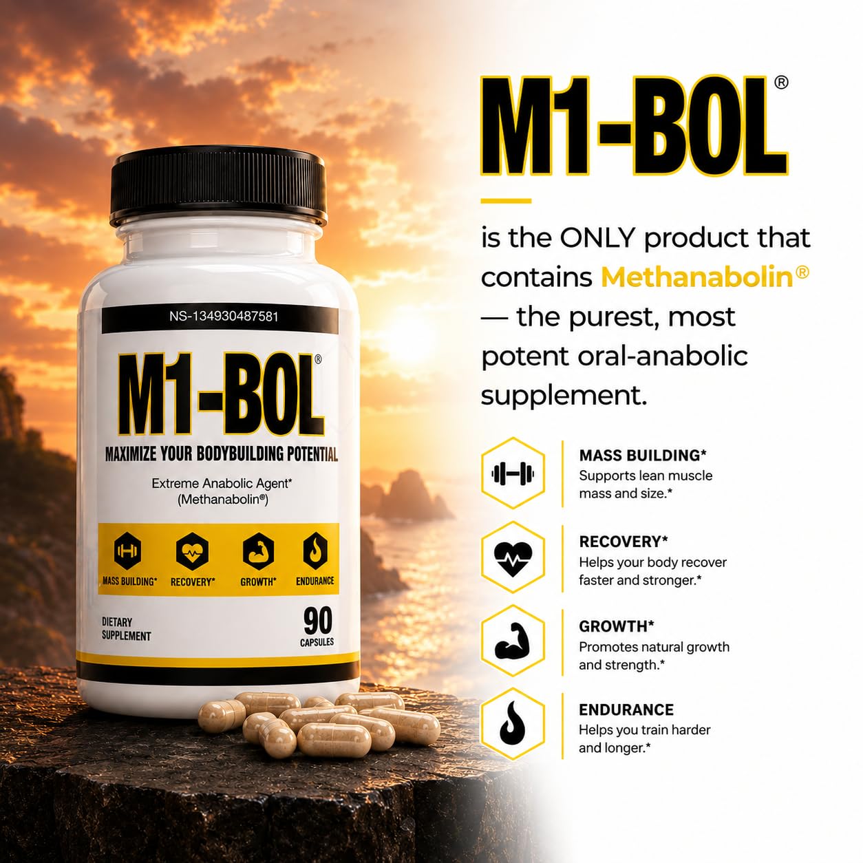 M1-BOL Extreme Anabolic Testosterone Booster with Turkesterone Capsules, 90 Count