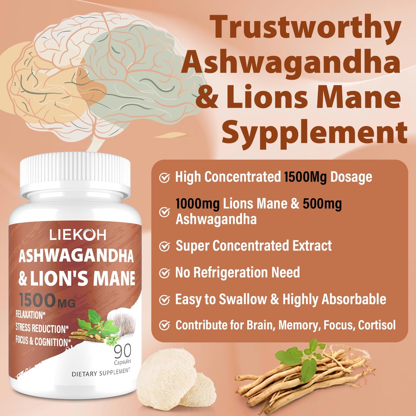 Liekoh Ashwagandha & Lions Mane Supplement Capsule, 90 Count
