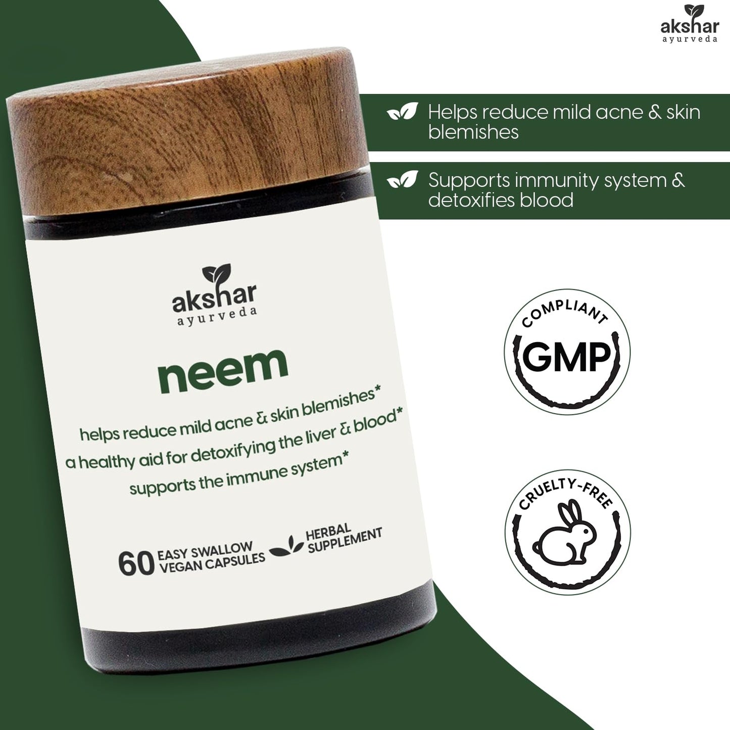 AKSHAR Neem Extract and Neem Leaf Powder Capsules, 60 Count