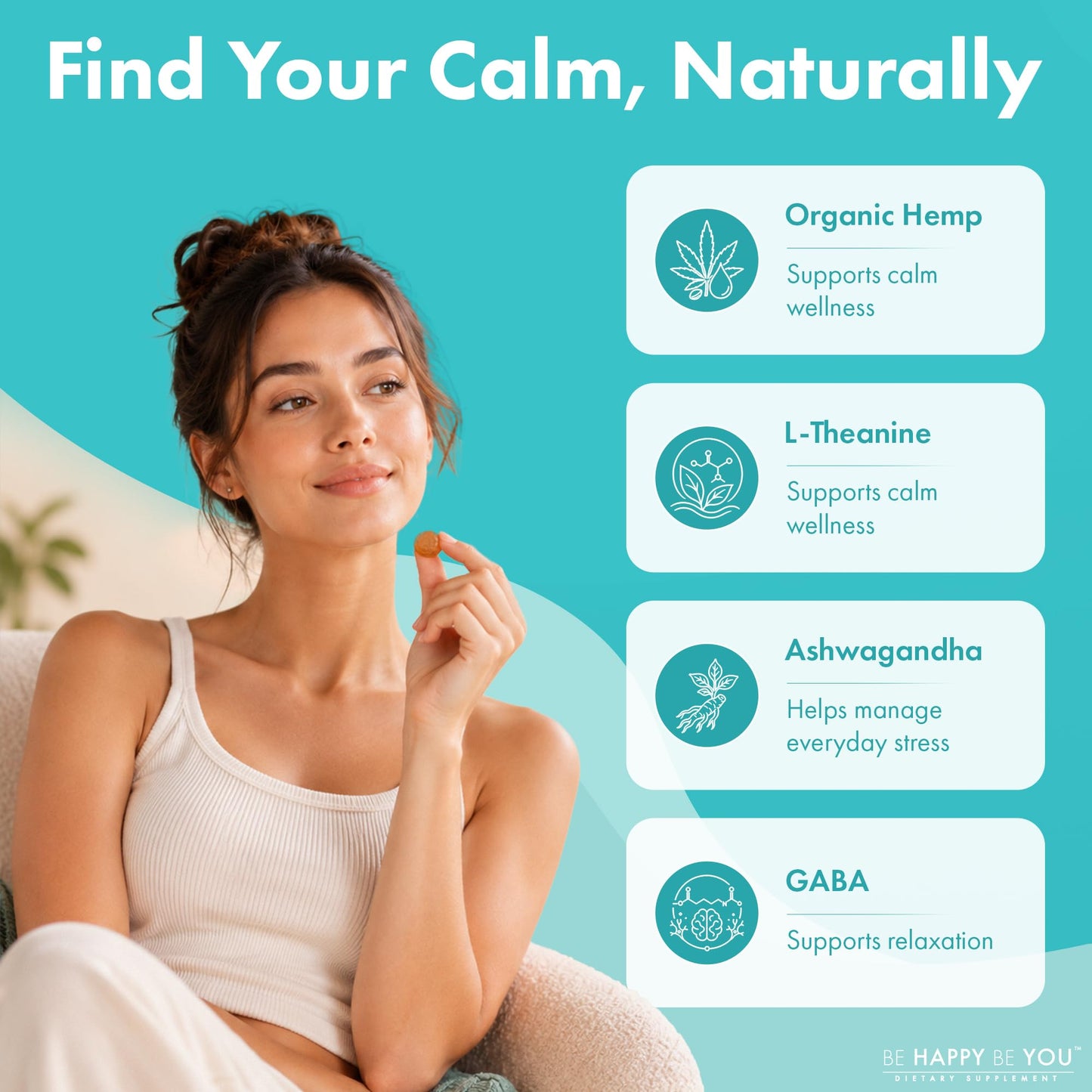 Be Happy Be You Calm & Stress Relief Gummies with Organic Hemp Seed Oil, L-Theanine, GABA & Ashwagandha – Positive Mood & Relaxation Support – Apple Flavor – 90 Gummies