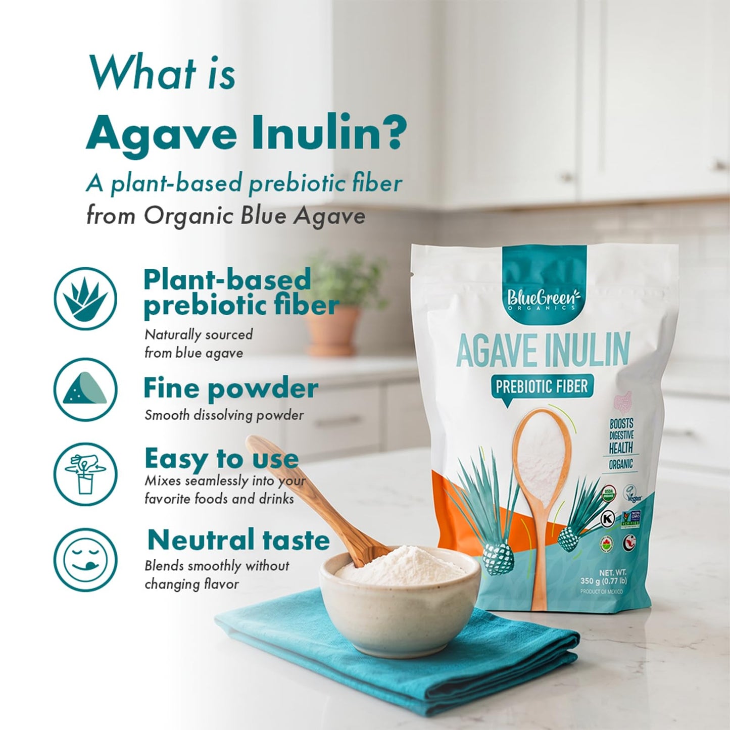 BLUEGREEN Agave Inulin Fiber Powder, 12.32 Ounce