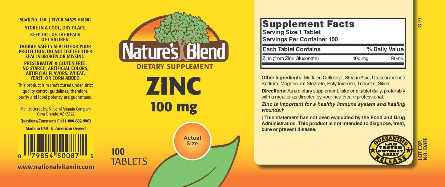 Nature's Blend Zinc Gluconate 100 mg Tablets, 100 Count