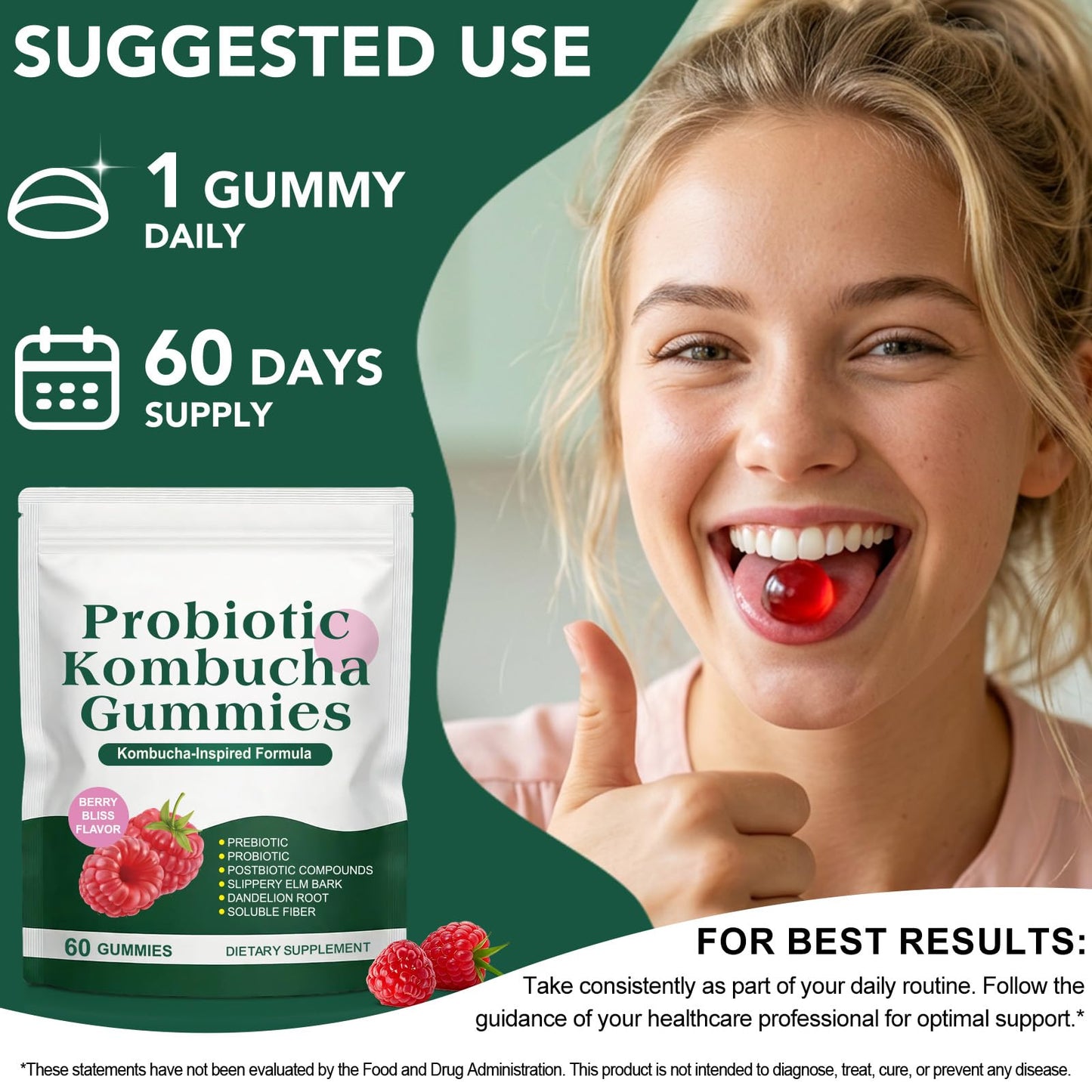YJDHRPBI Probiotic Kombucha Capsule for Women, Prebiotics, Probiotics & Postbiotics, Fiber Supplement, Dandelion Root, Gut Health & Bloating Support, 90 Capsules