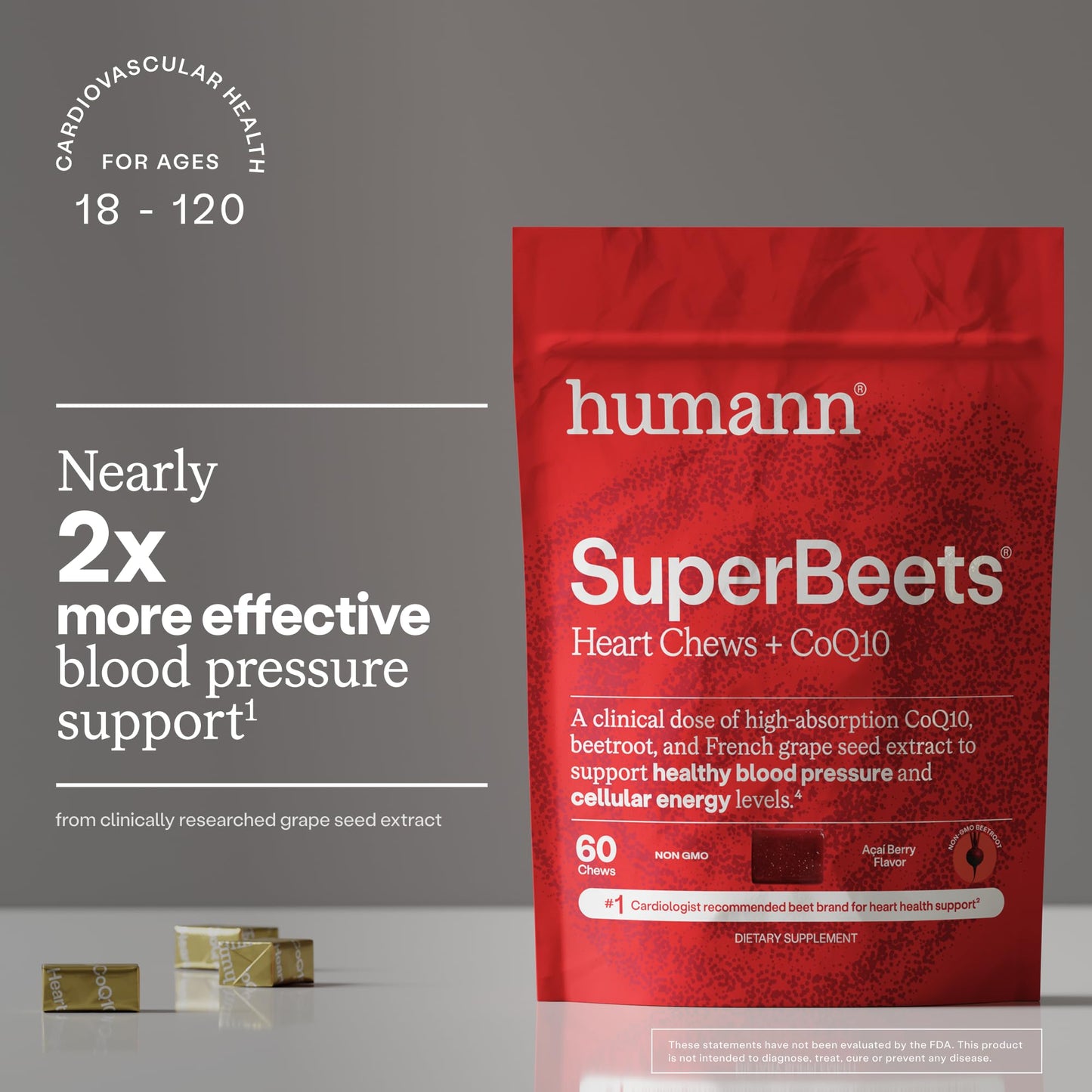 HumanN SuperBeets 3-in-1 Heart Chews, 3X Absorption CoQ10, Beetroot & Grape Seed Extract, Chewable, 60 Count