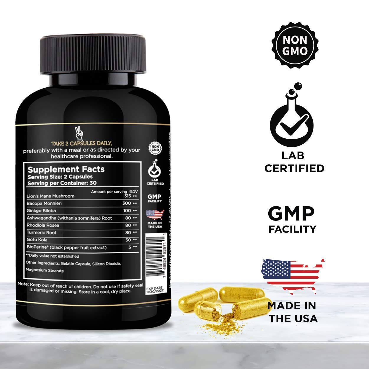 SOLOMON WISDOM Brain Booster Nootropic Dietary Supplement Capsules, 60 Count