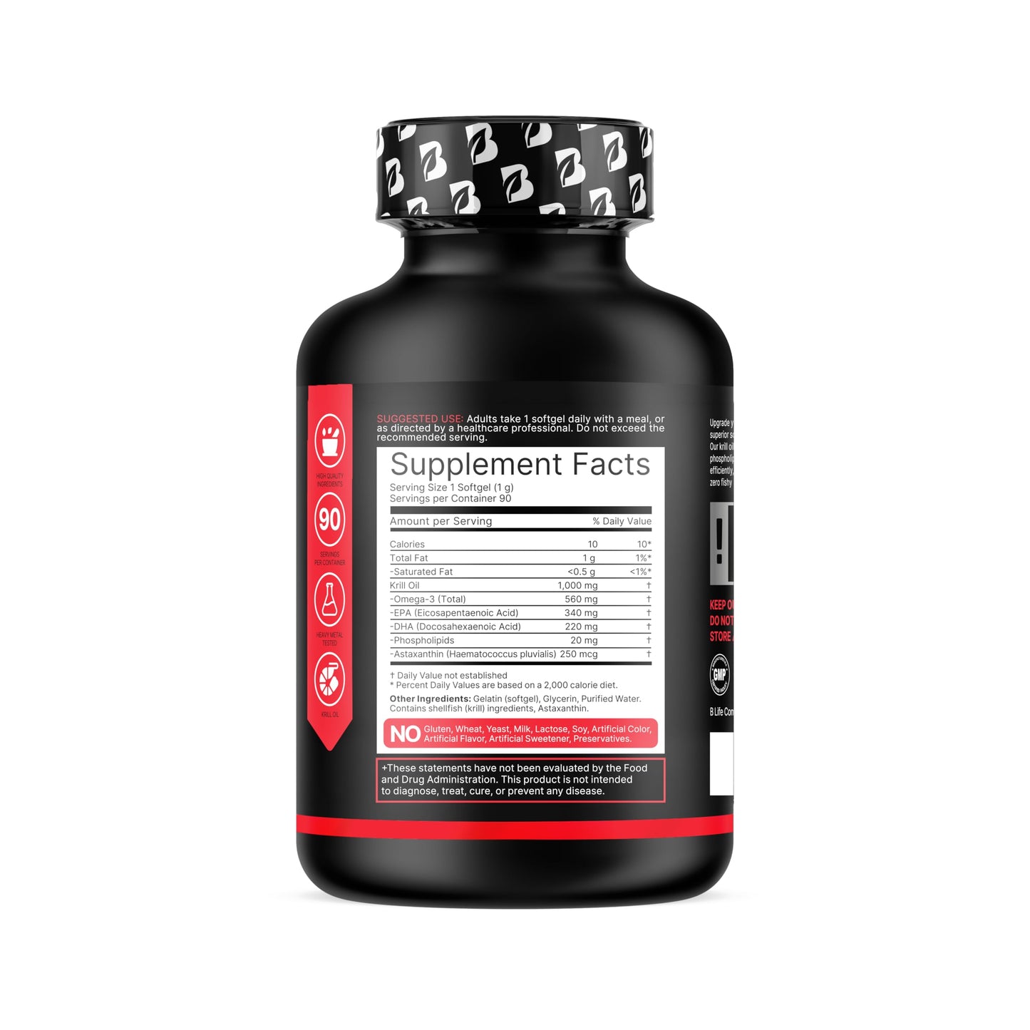 B Life Company Antarctic Krill Oil Omega-3 High-Absorption Phospholipid with EPA, DHA & Astaxanthin 90 Capsules