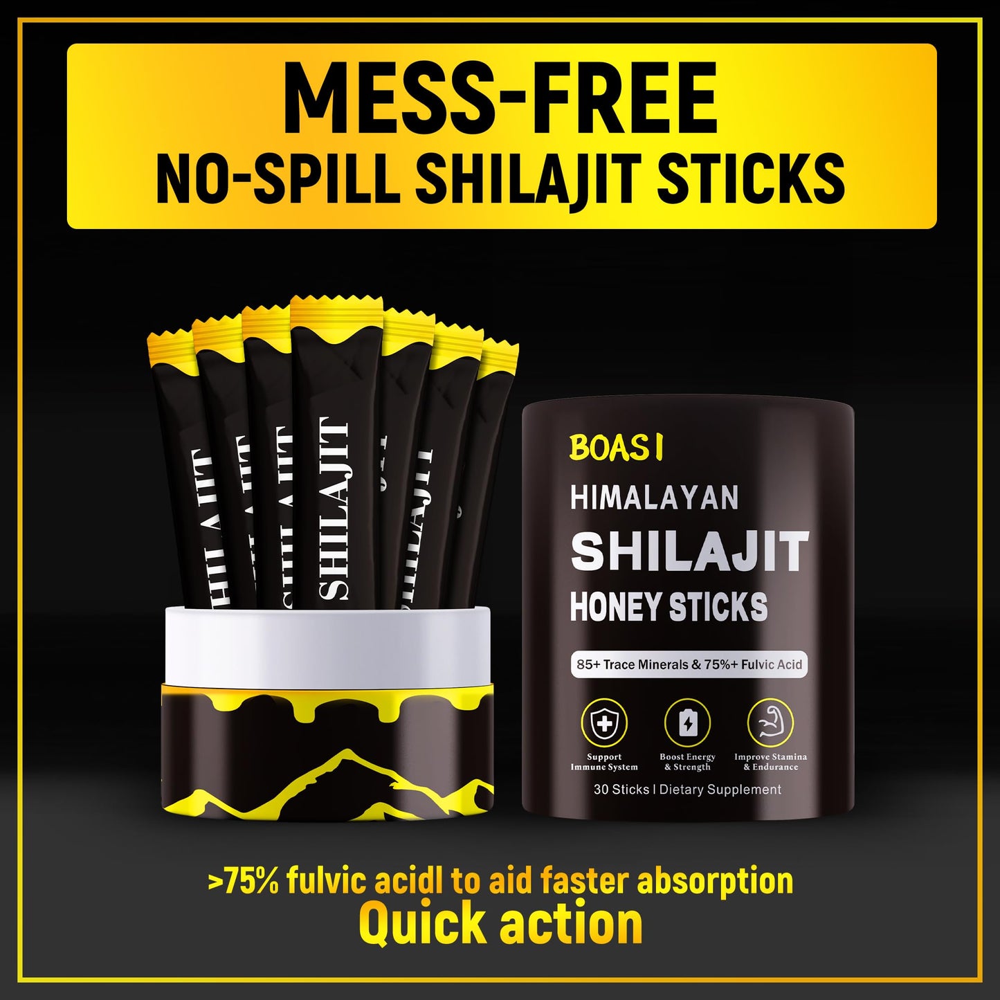 Boasi Shilajit Honey Sticks with Organic Saffron, 85+ Trace Minerals, 75%+ Fulvic Acid, Enhance Cognitive Functions Boost Energy & Strength Gummies, 30 Count