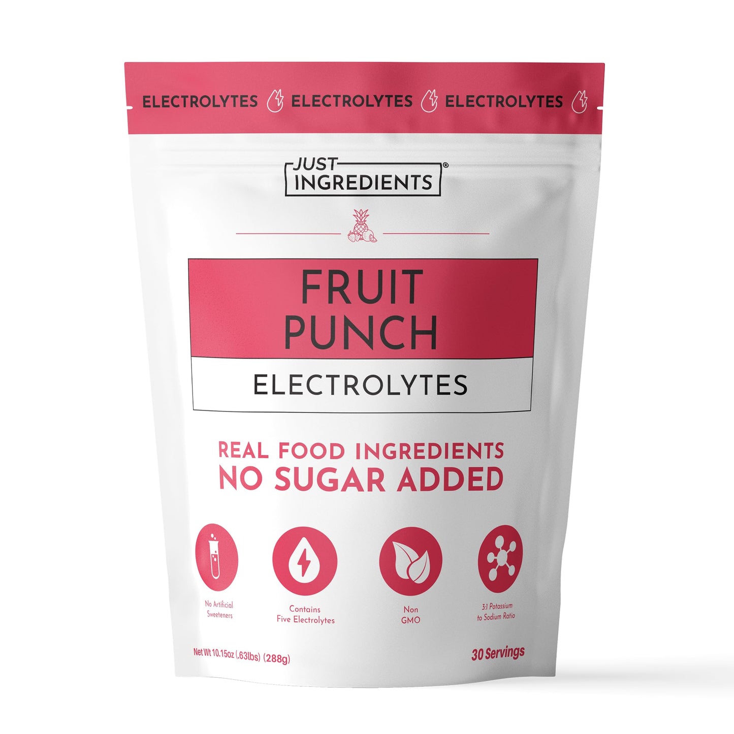 JUST INGREDIENTS Fruit Punch Electrolyte Powder - No Sugar - 30 Servings
