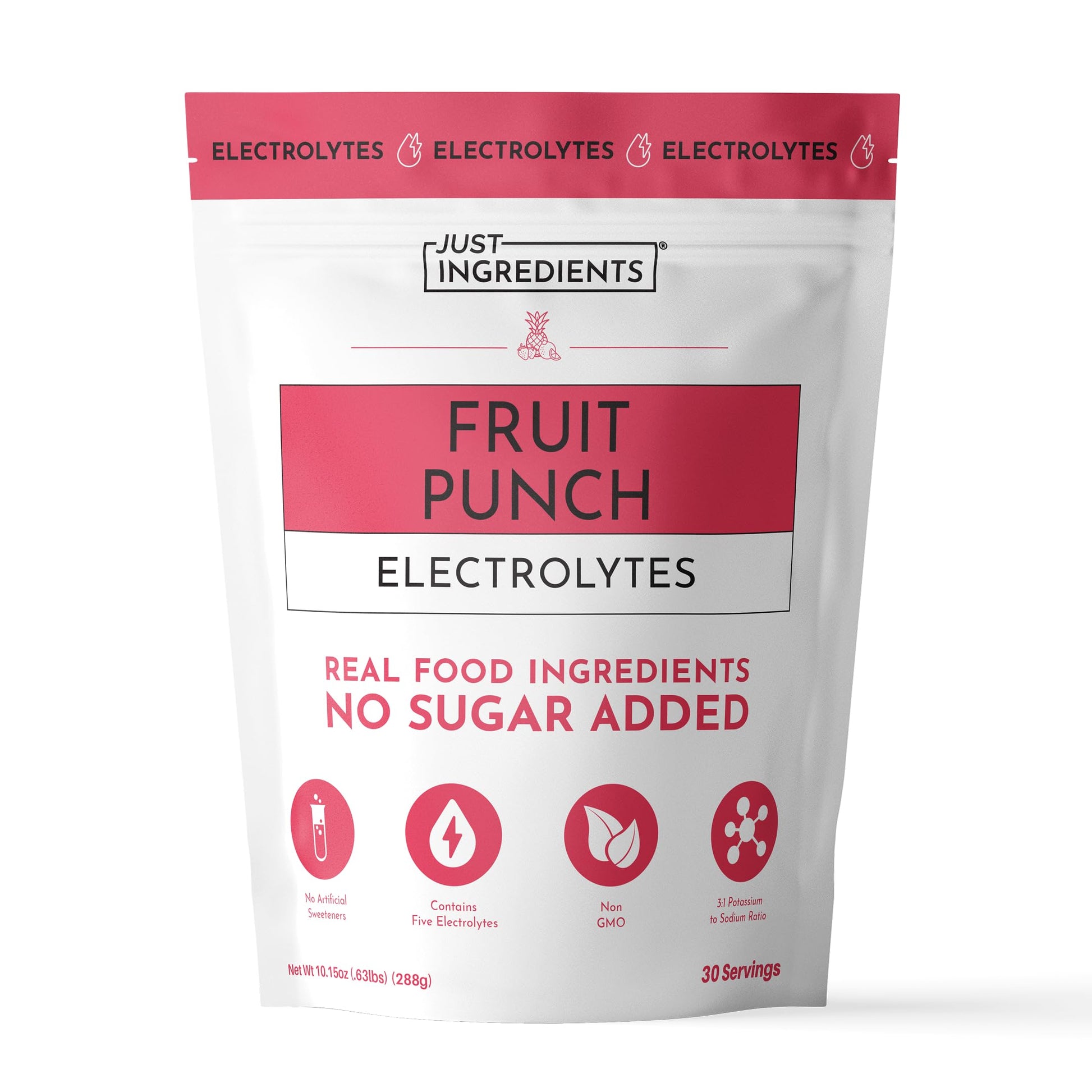 JUST INGREDIENTS Fruit Punch Electrolyte Powder - No Sugar - 30 Servings