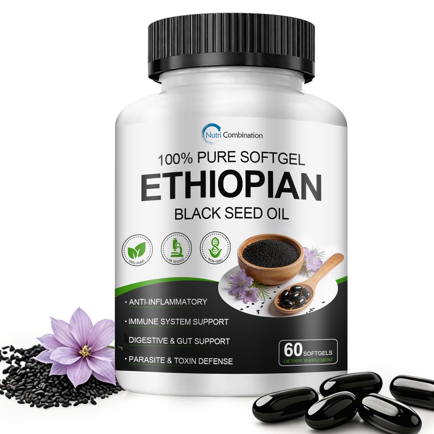 nsseelo Ethiopian Black Seed Oil Capsules with 4.64% Thymoquinone, Immune Support & Digestion & Energy Booster, Gluten-Free, Non-GMO, 60 Capsules