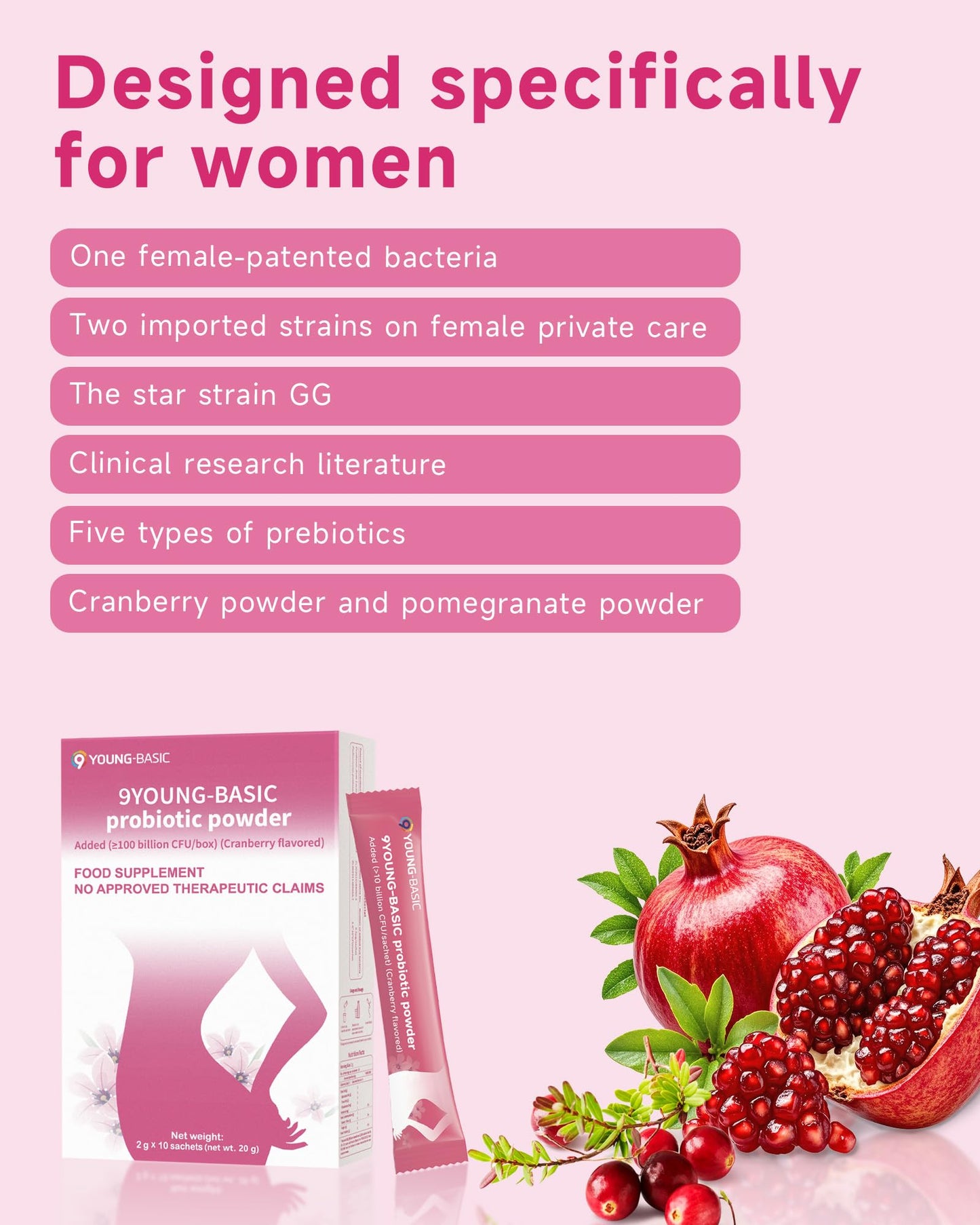 9 YOUNG-BASIC Probiotic Powder for Women, 100+ Billion CFU, Cranberry, 0.71 oz