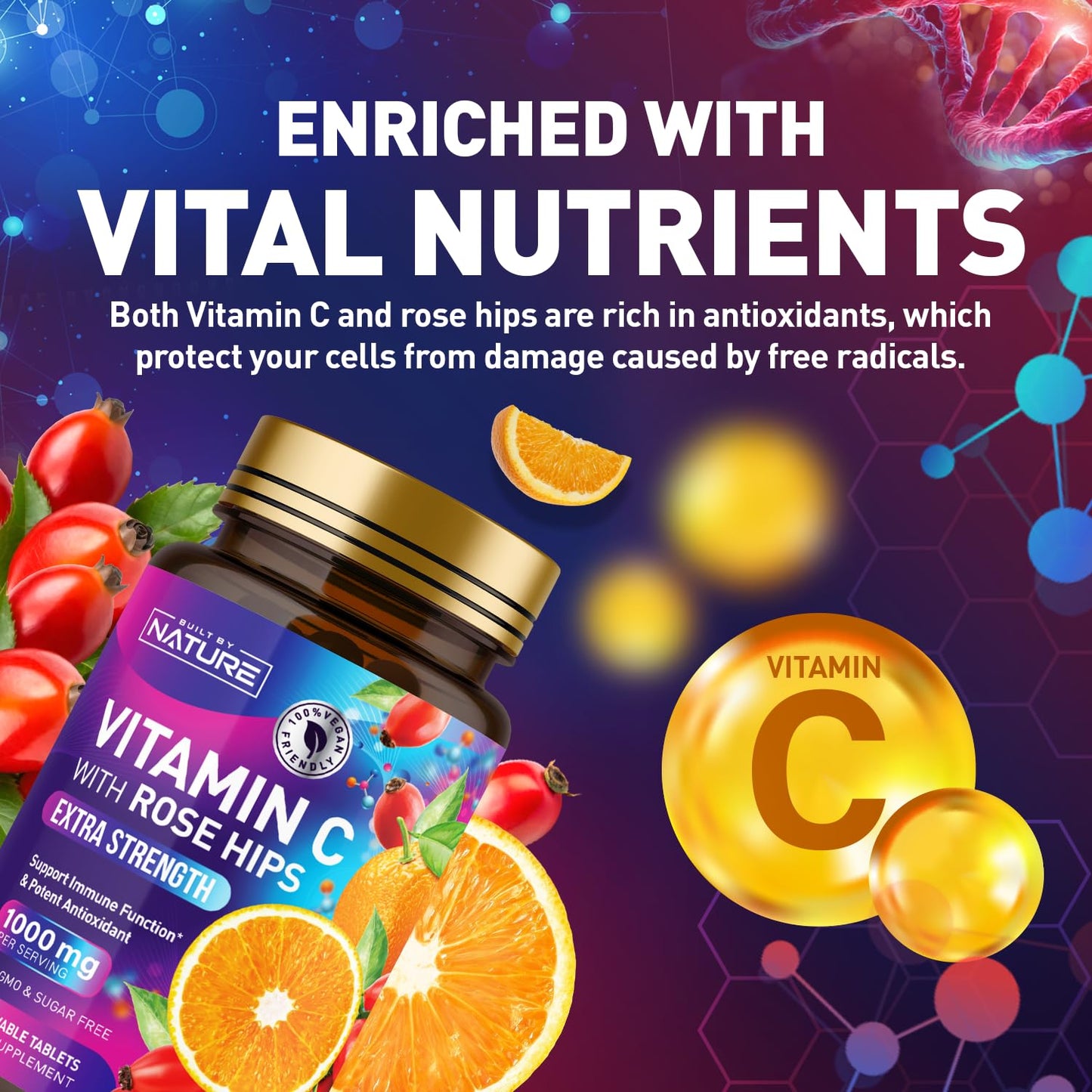 Built by Nature Vitamin C with Rose Hips 1000mg Chewable, 60 Tablets