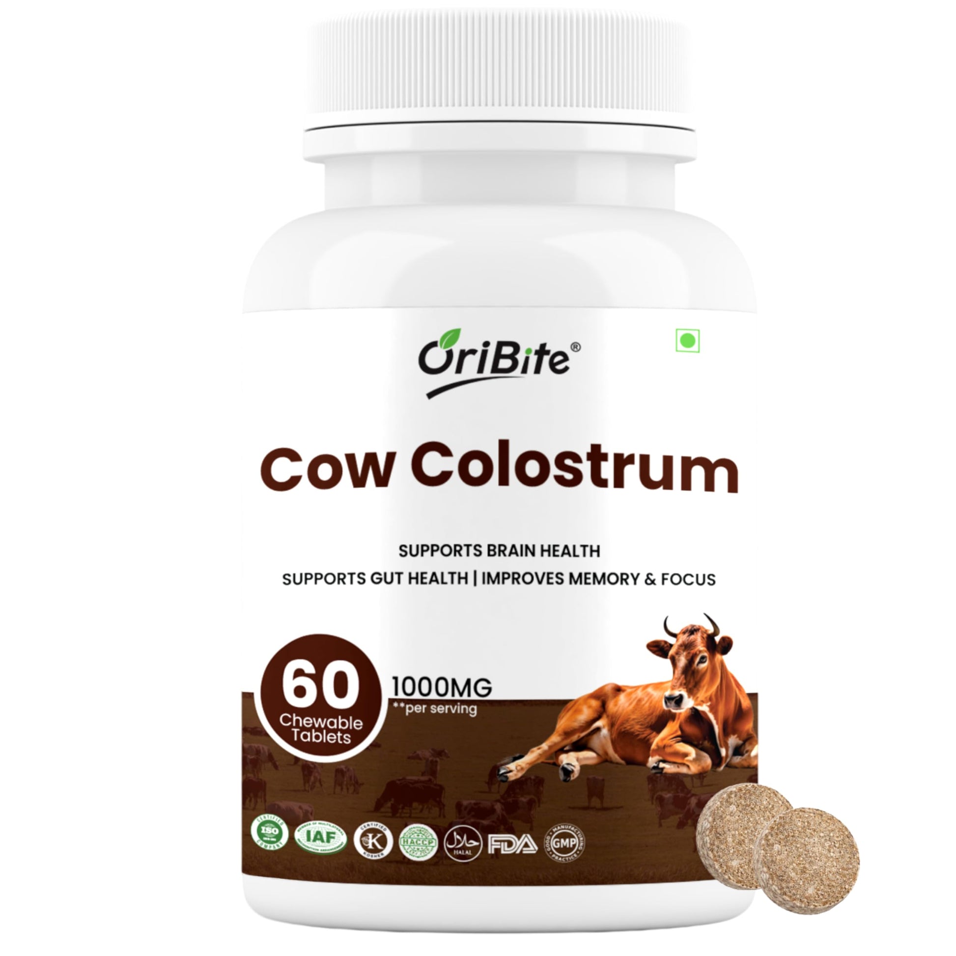 ORIBITE Grass Fed Cow Colostrum 1000mg Chewable Tablets, 60 Count