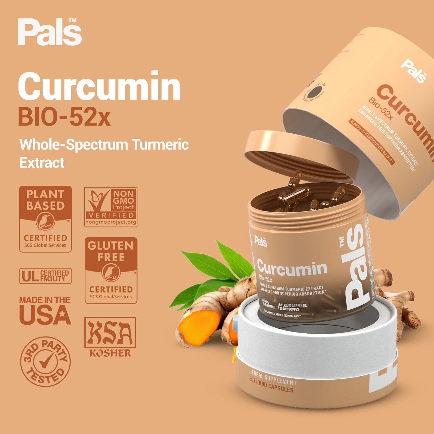 PALS Turmeric Curcumin Supplement 500mg Bio-52x Max Absorption Capsules, 60 Count