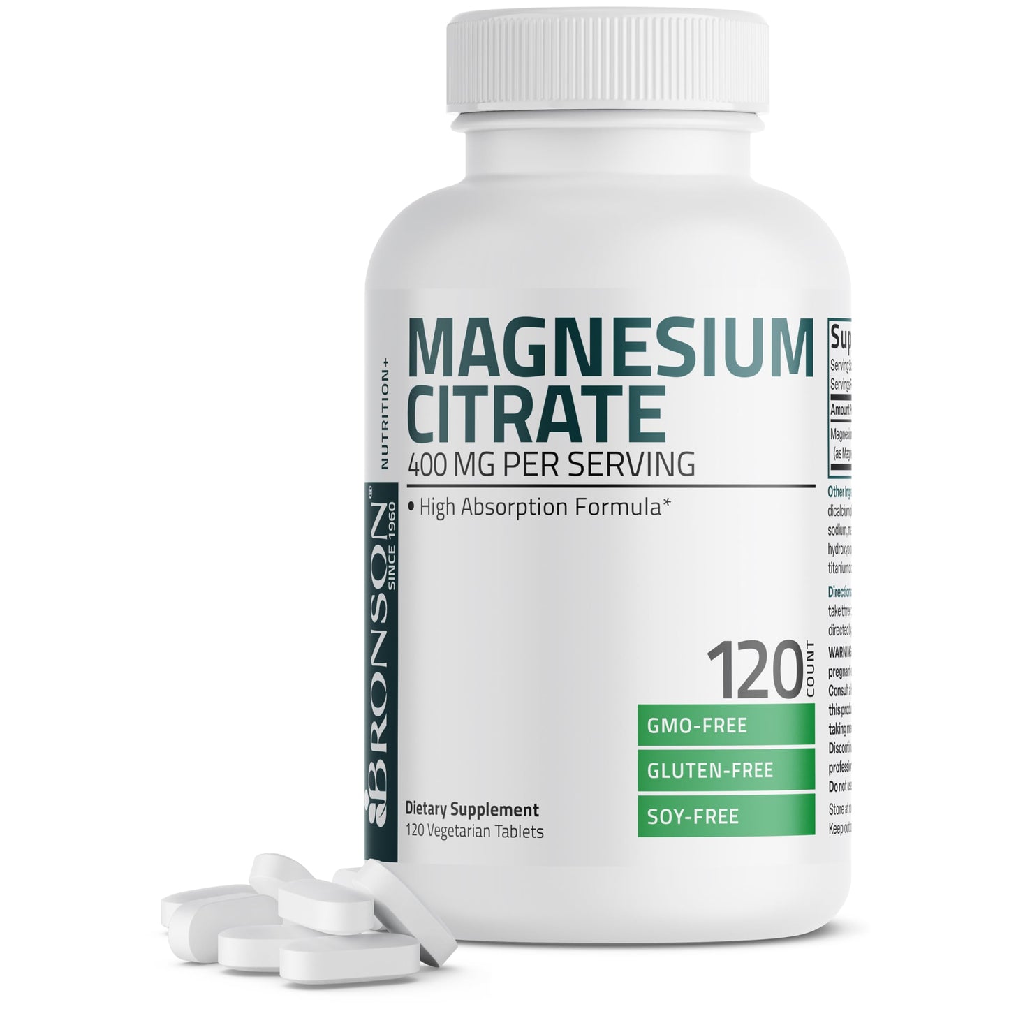 Bronson Magnesium Citrate 400mg Per Serving High Absorption Formula Non-GMO Tablets, 120 Count