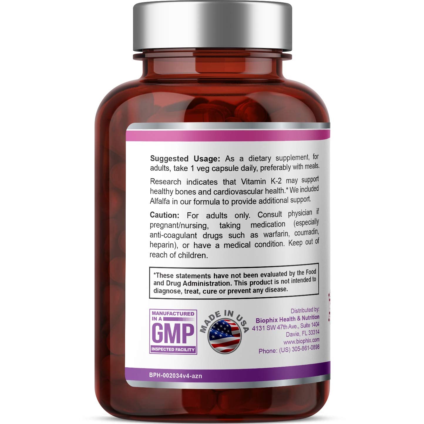 Biophix Vitamin K2 MK-4 100 mcg with Alfalfa Capsules, 200